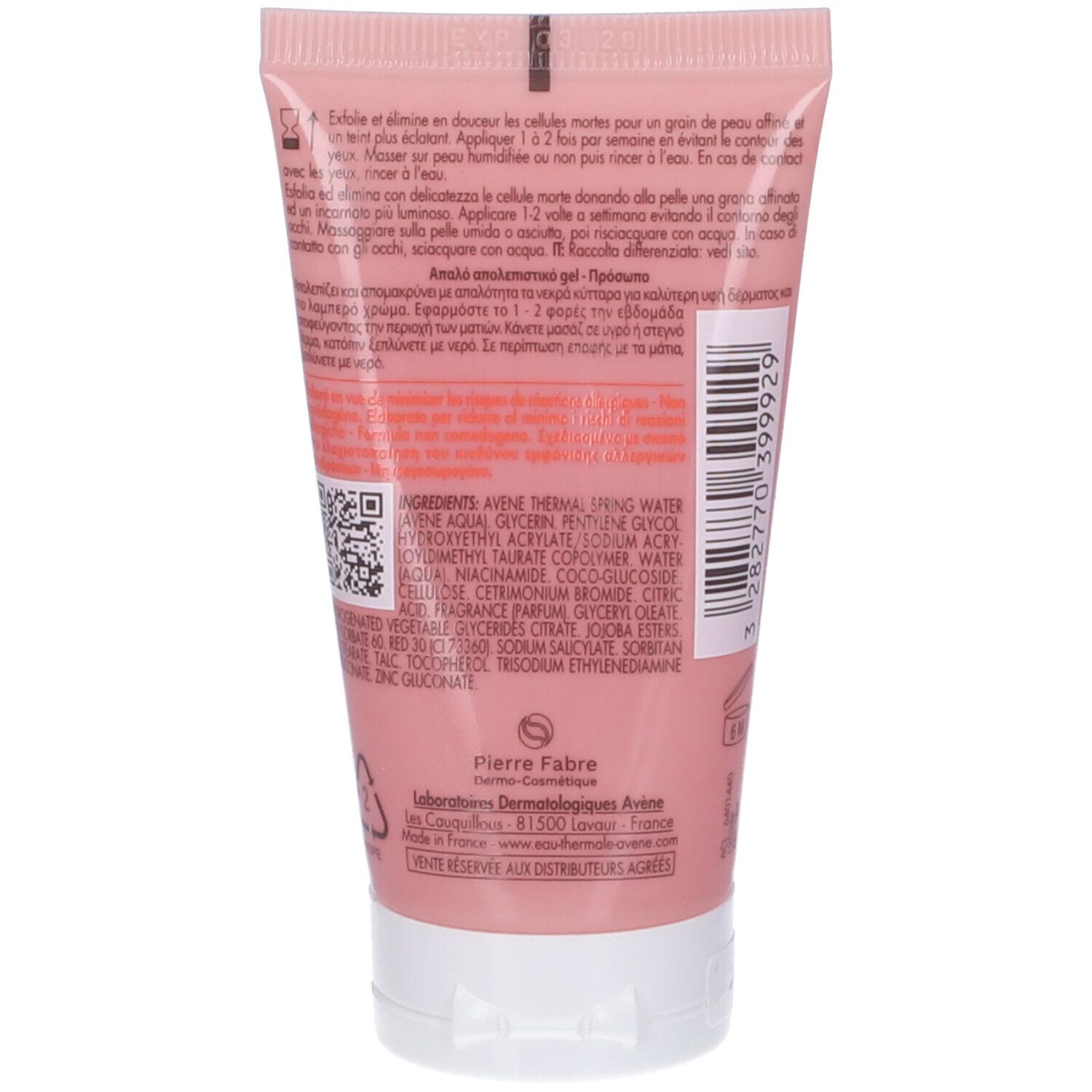 Retro del tubo rosa. Testo ed elenco ingredienti. Tappo bianco. Marchio: Avène.
