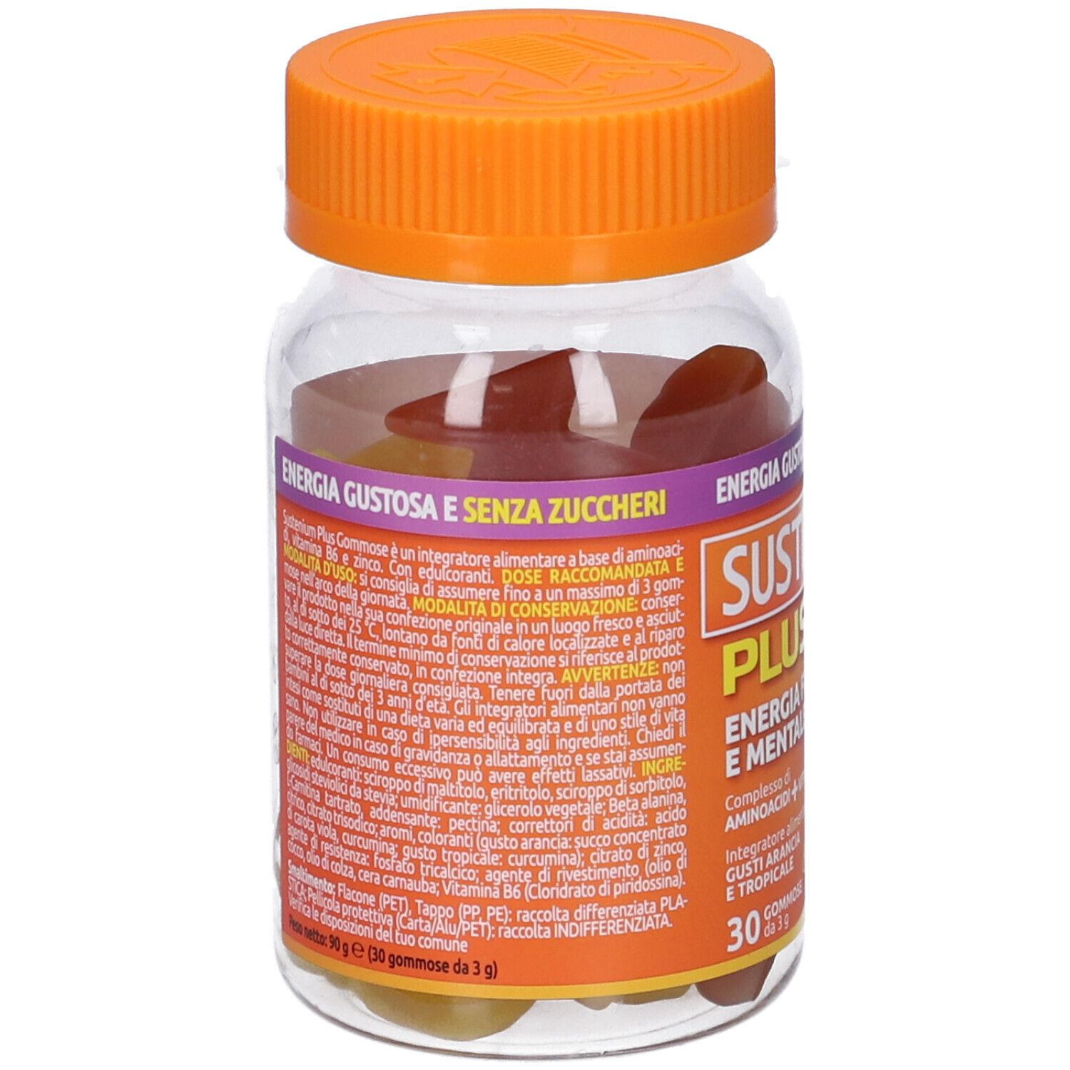 Flacone trasparente con tappo arancione. Retro con testo. Contiene caramelle gommose. Nome prodotto SUSTENIUM PLUS.
