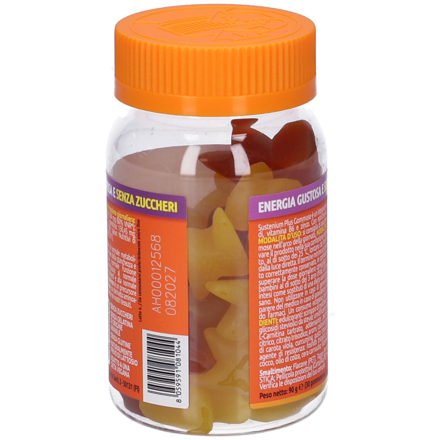 Flacone trasparente con tappo arancione. Contiene caramelle gommose a forma di stella. Nome prodotto SUSTENIUM PLUS.