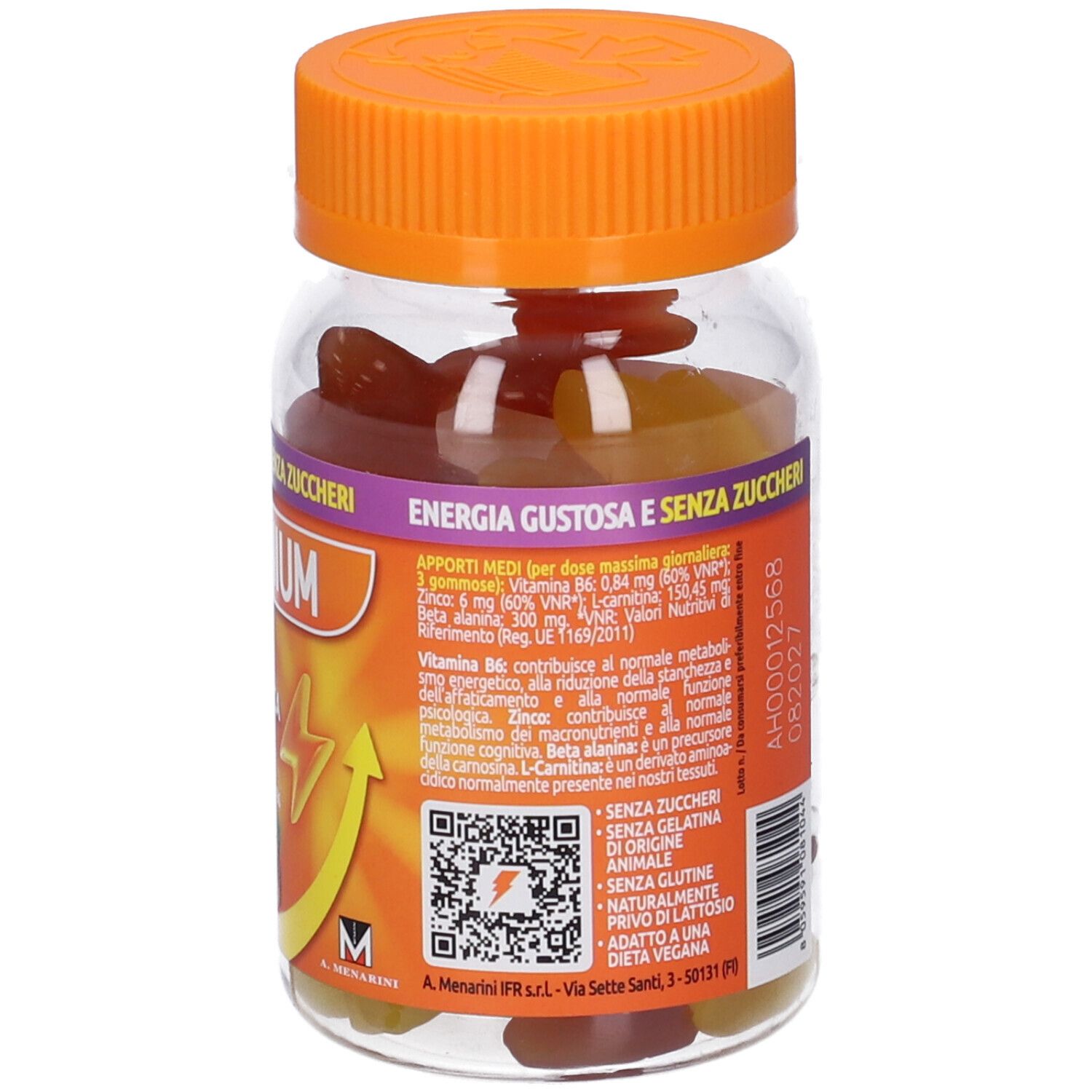 Flacone trasparente con tappo arancione. Contiene caramelle gommose. Etichetta con nome SUSTENIUM PLUS e informazioni.