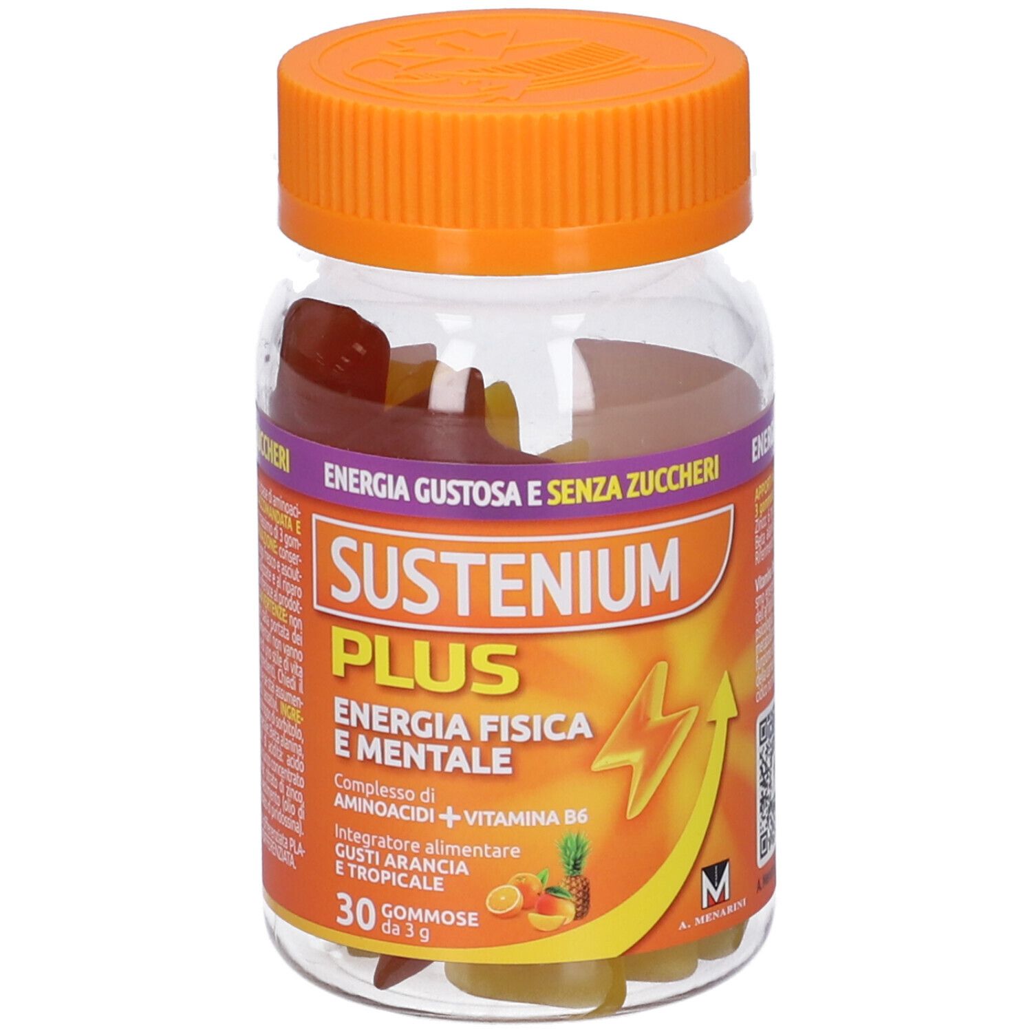 Flacone trasparente con tappo arancione. Contiene caramelle gommose. Etichetta con nome SUSTENIUM PLUS e informazioni.