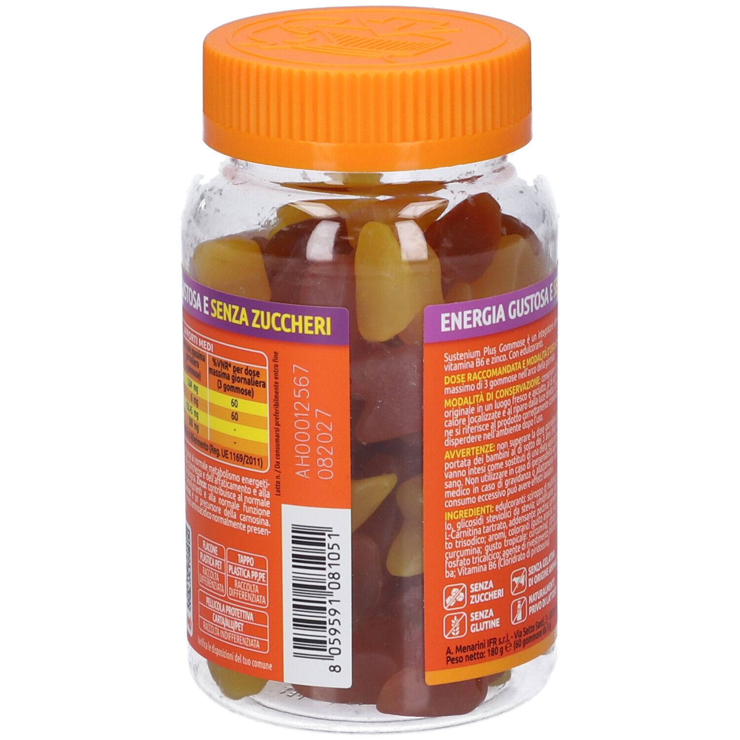 Retro del barattolo trasparente con tappo arancione. Contiene caramelle gommose. Etichetta con informazioni prodotto e ingredienti.