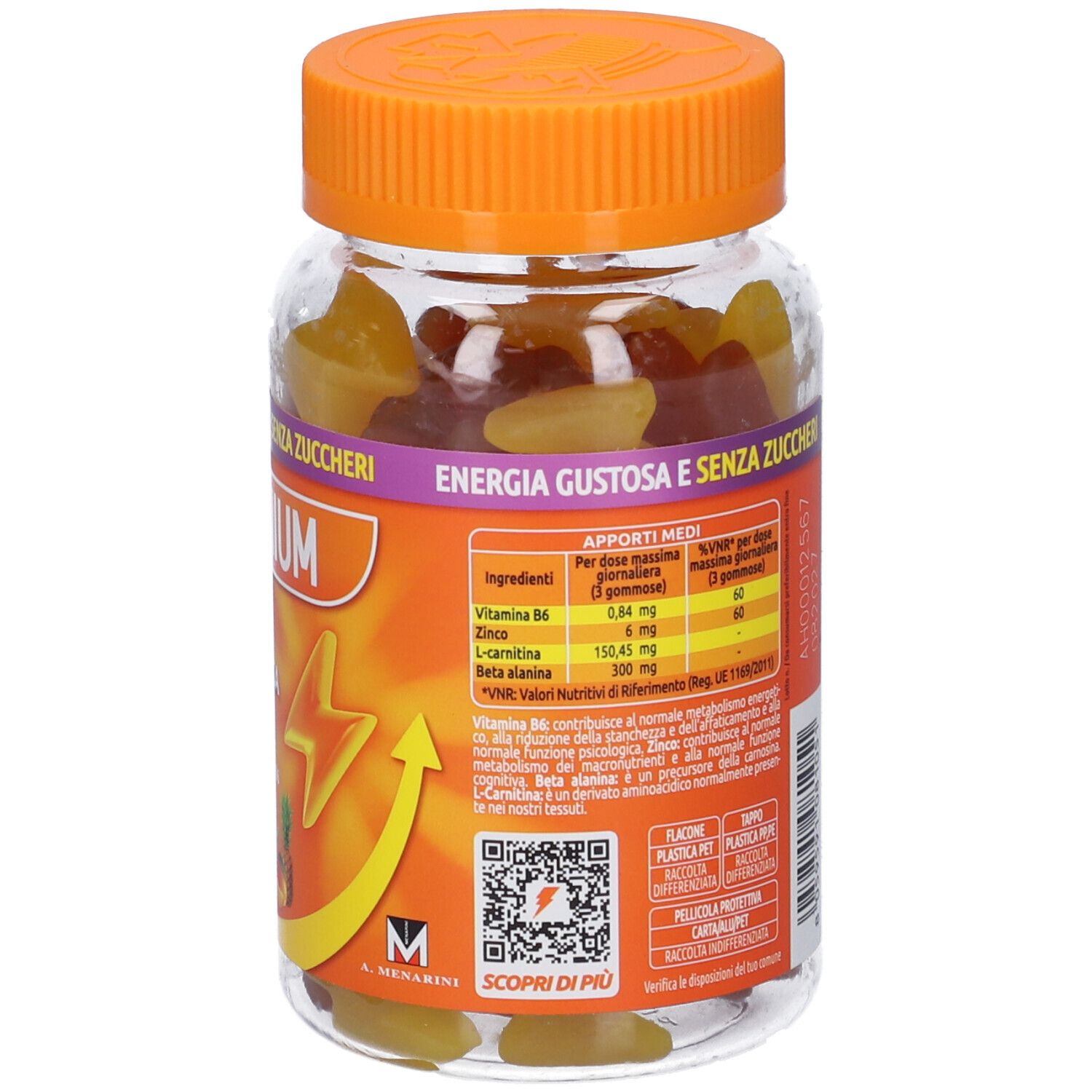 Retro del barattolo trasparente con tappo arancione. Contiene caramelle gommose. Etichetta con informazioni prodotto e ingredienti.