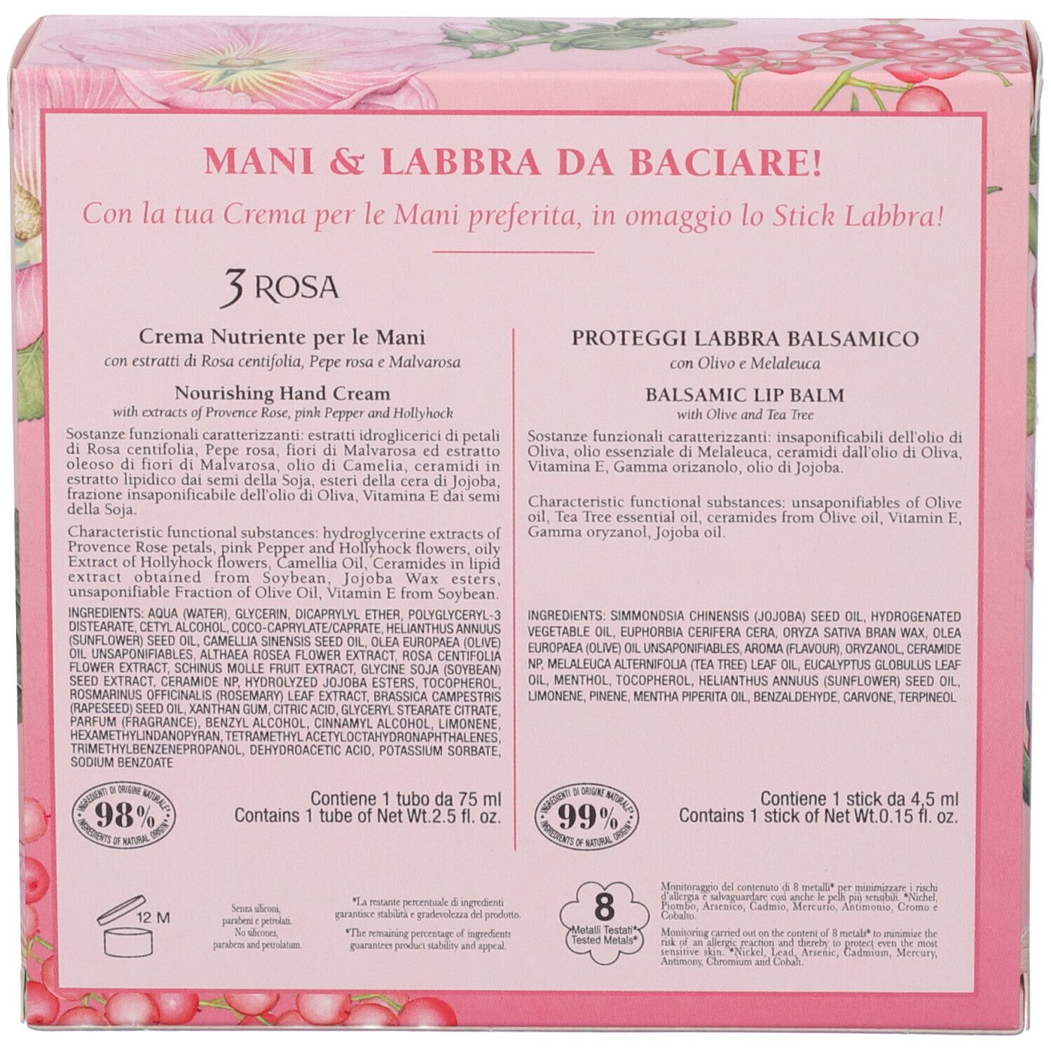 Retro della confezione regalo con informazioni sul prodotto. Contiene ingredienti, testo e loghi. Sfondo rosa.