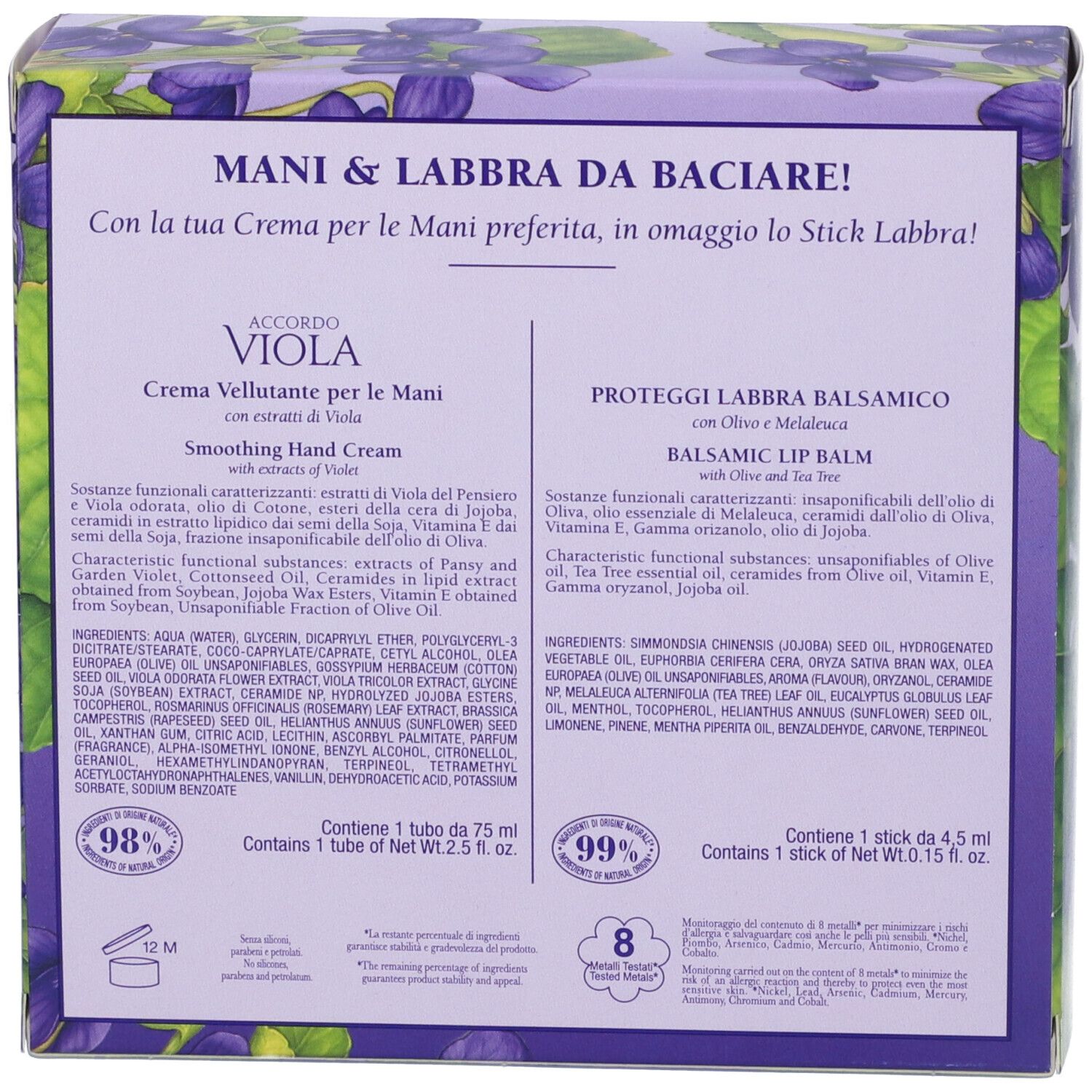 Retro della confezione regalo. Testo: 'Mani & Labbra da Baciare!' Ingredienti crema mani e balsamo. Ingredienti di origine naturale al 98% e 99%.