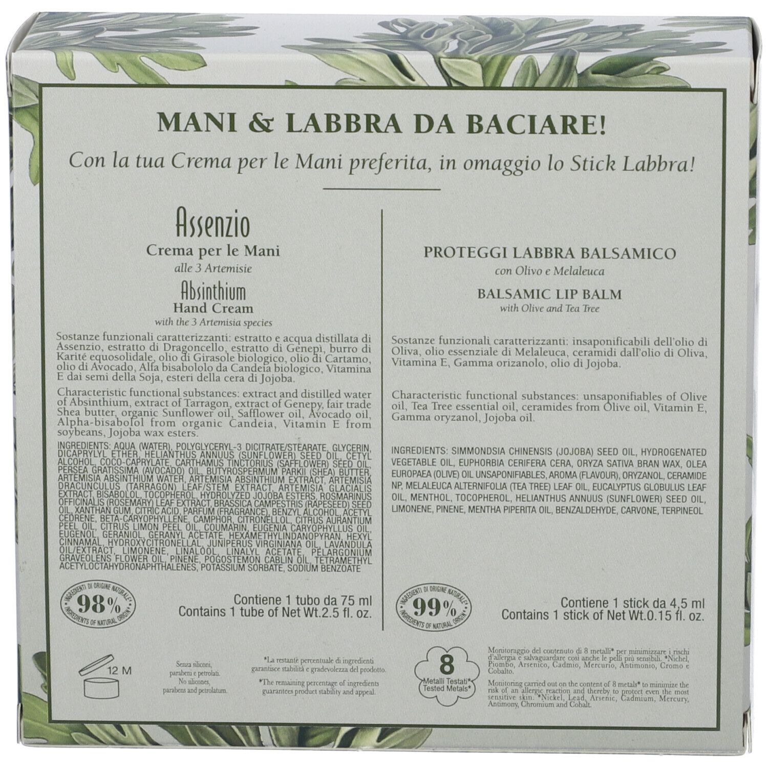 Retro della confezione regalo. Testo con ingredienti e informazioni sul prodotto. Contiene crema mani e balsamo labbra. Design verde e bianco.