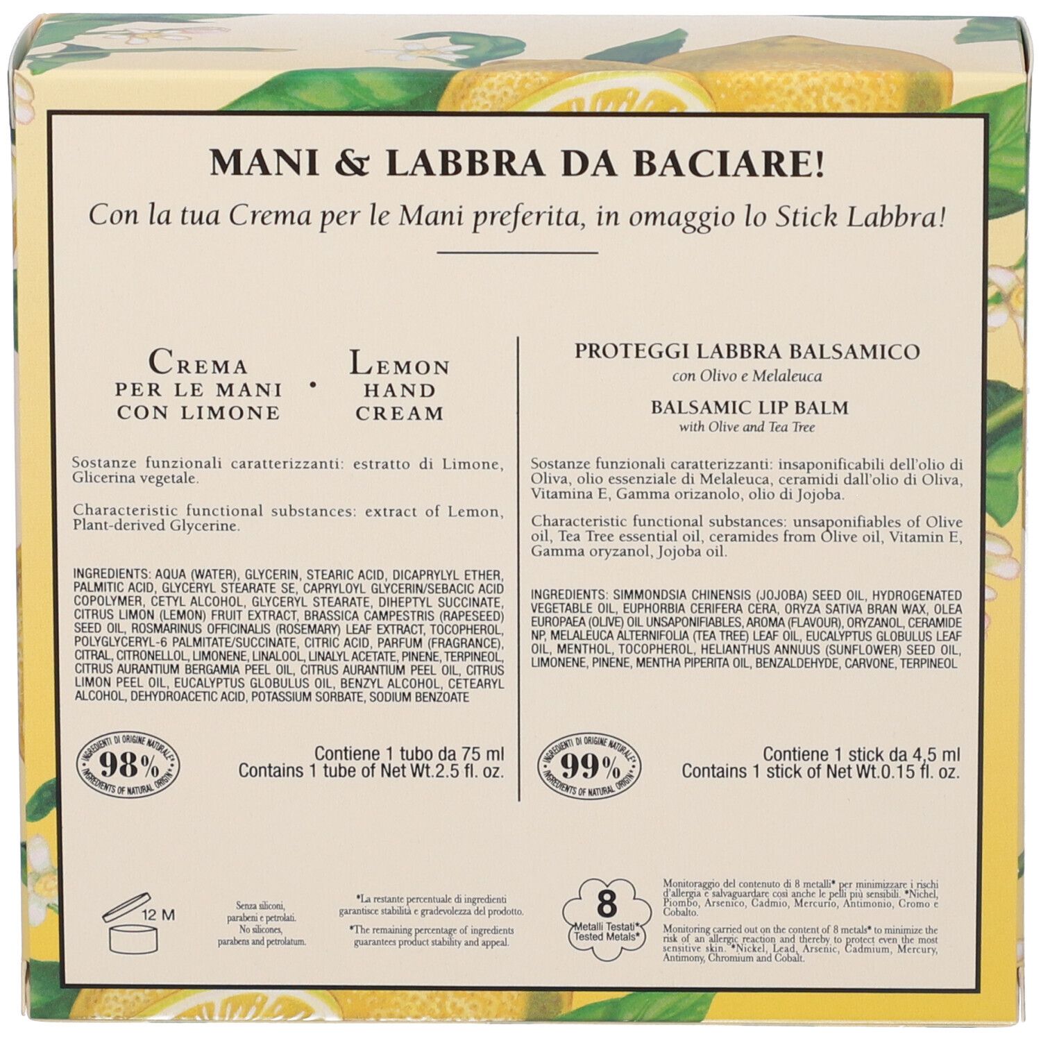 Retro della confezione regalo con informazioni sul prodotto. Testo in tedesco, inglese e italiano. Contiene crema mani e balsamo labbra.