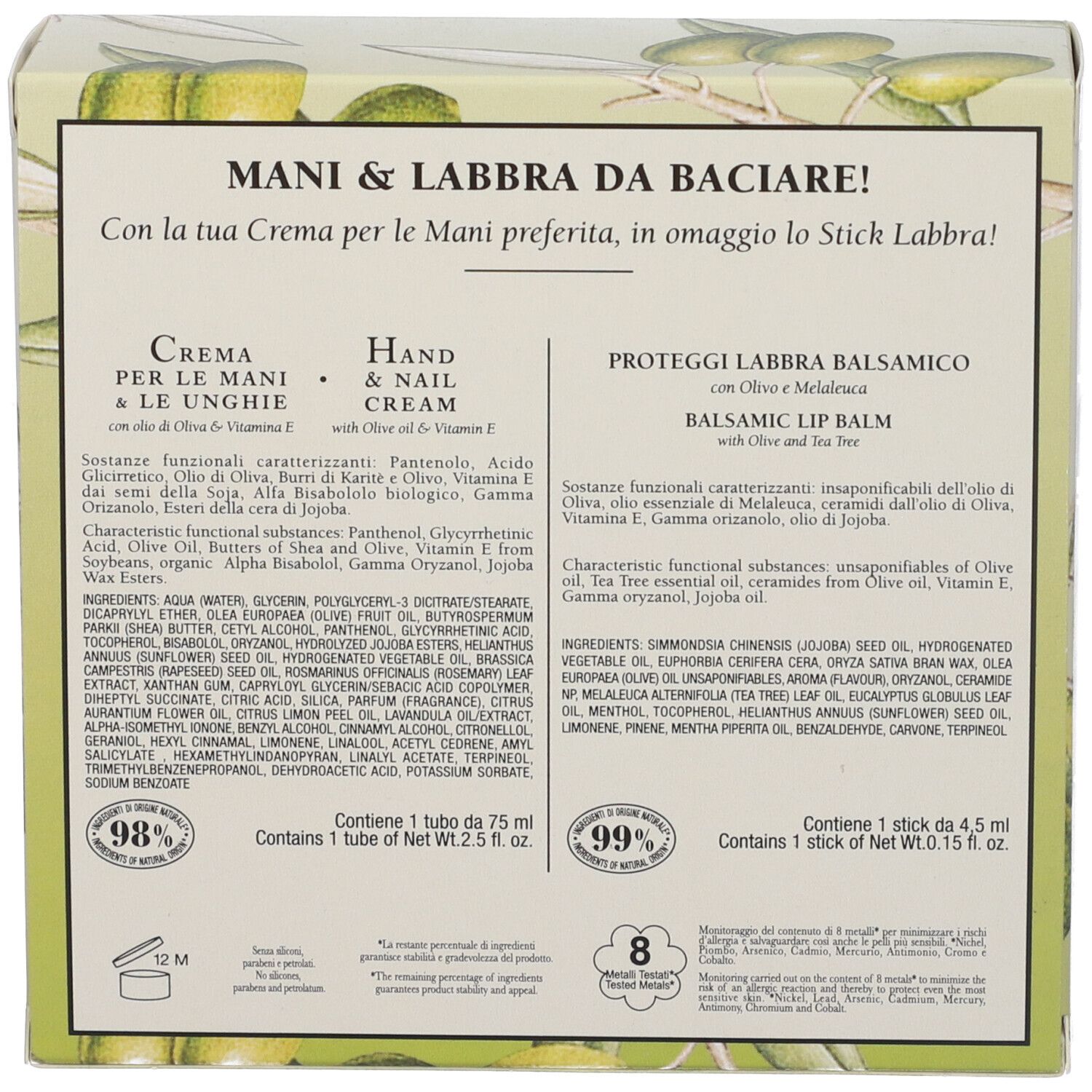 Retro della confezione regalo. Testo: ingredienti, informazioni su crema e balsamo labbra. 98% e 99% naturale.