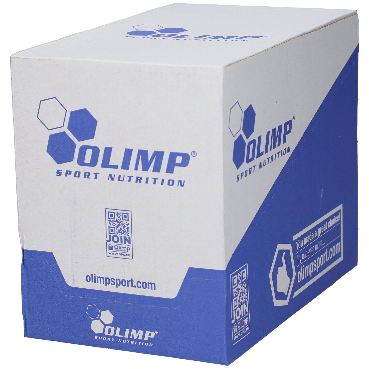 Scatola Olimp Sport Nutrition, vista frontale con design blu e bianco e logo esagonale.