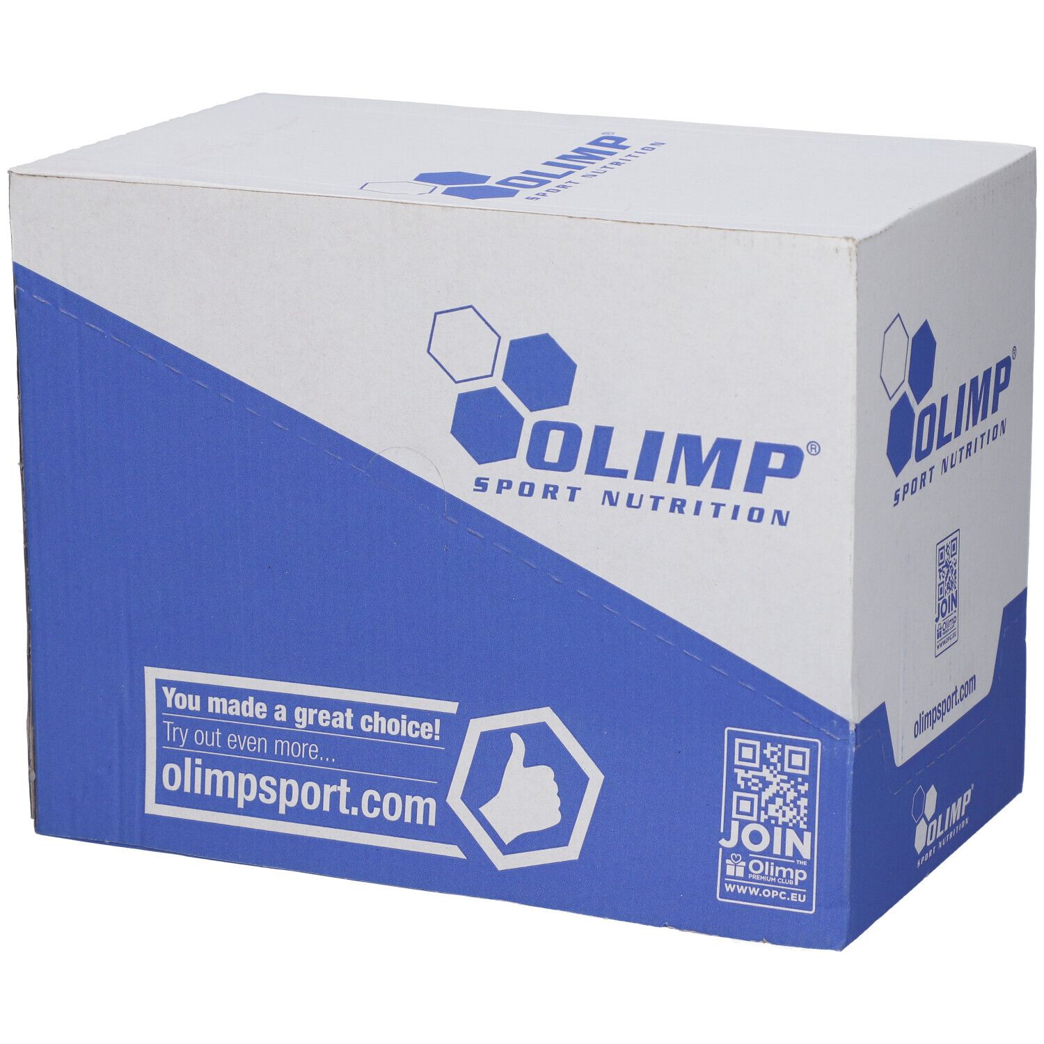 Scatola Olimp Sport Nutrition, vista frontale angolata con design blu e bianco.