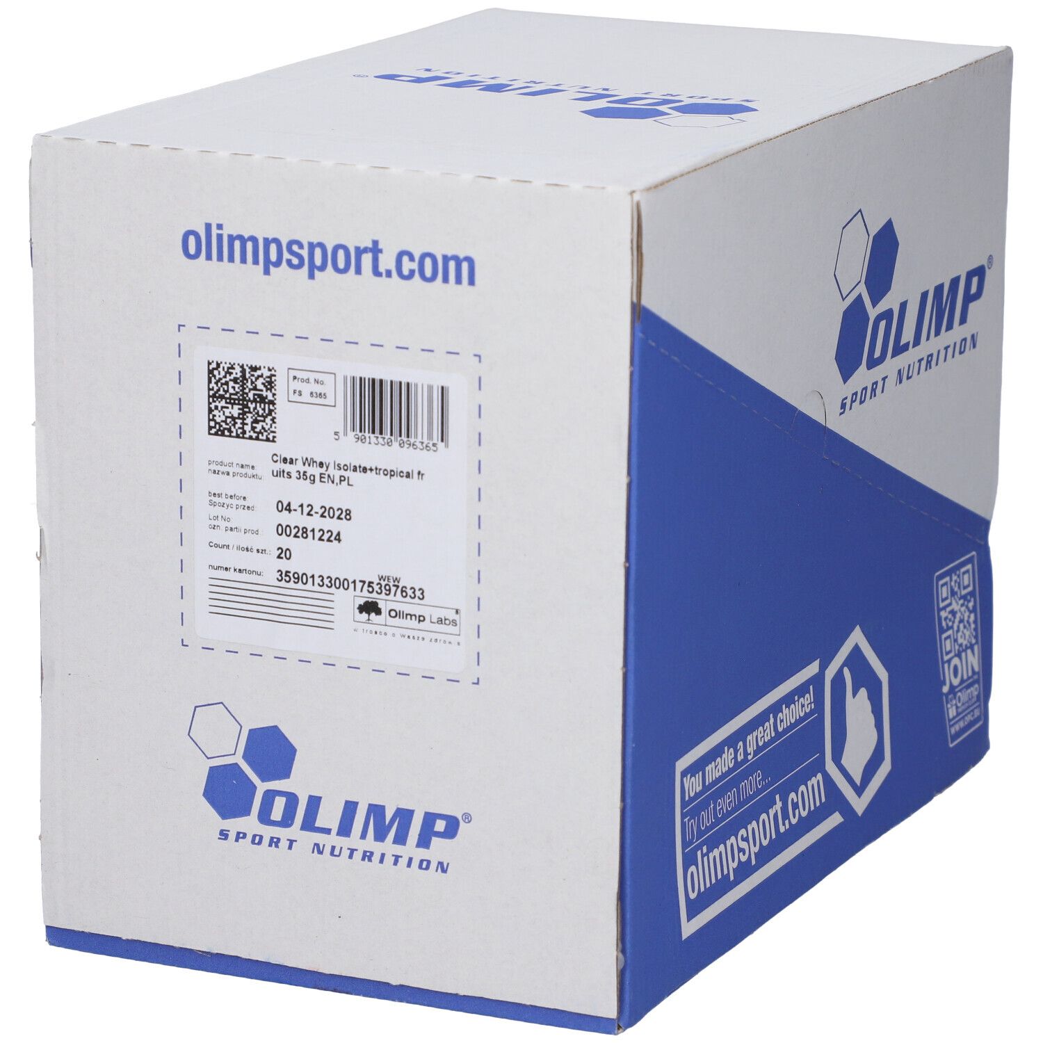 Scatola Olimp Sport Nutrition con etichetta, mostra informazioni prodotto e codice a barre.