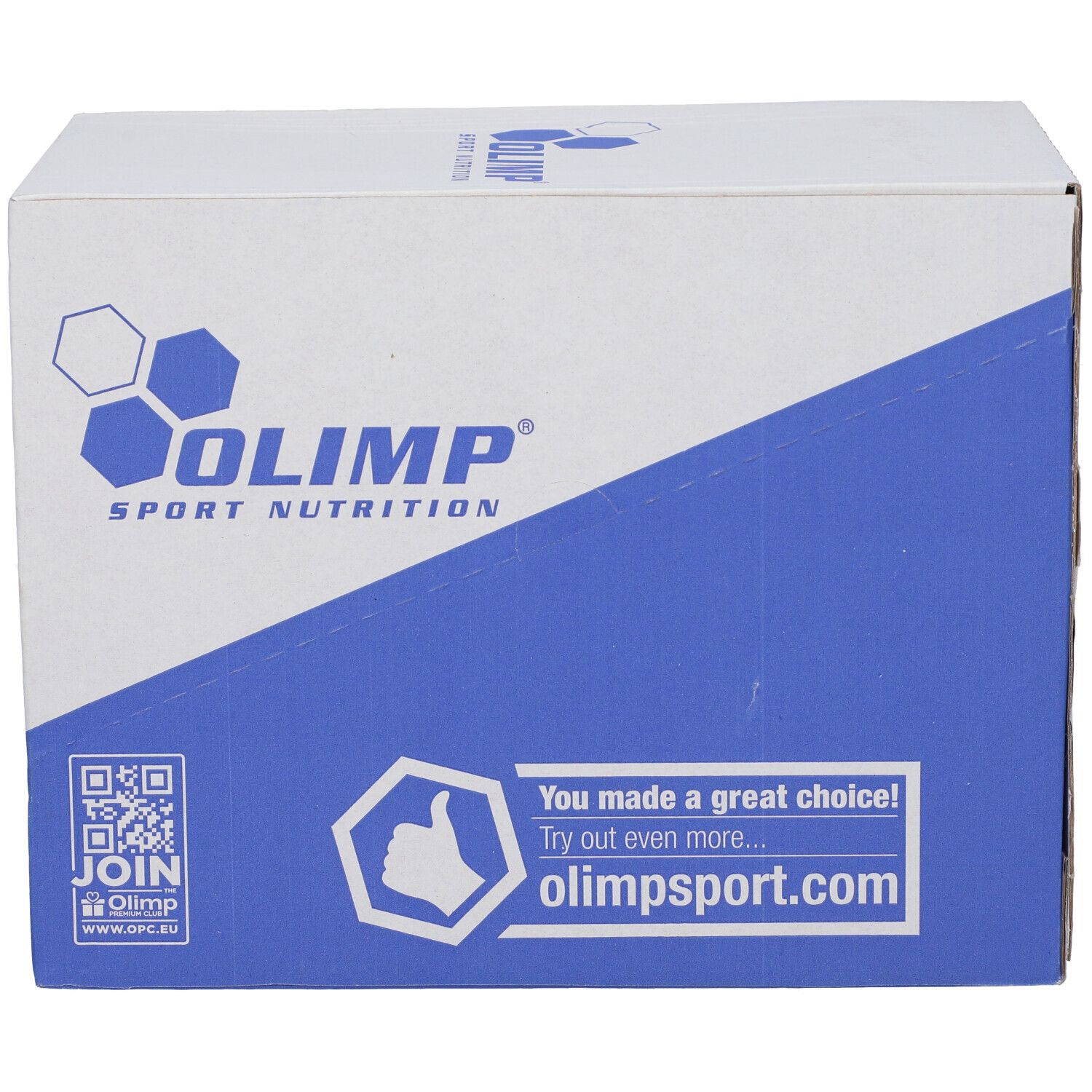 Scatola Olimp Sport Nutrition, vista laterale con design blu e bianco e logo esagonale.