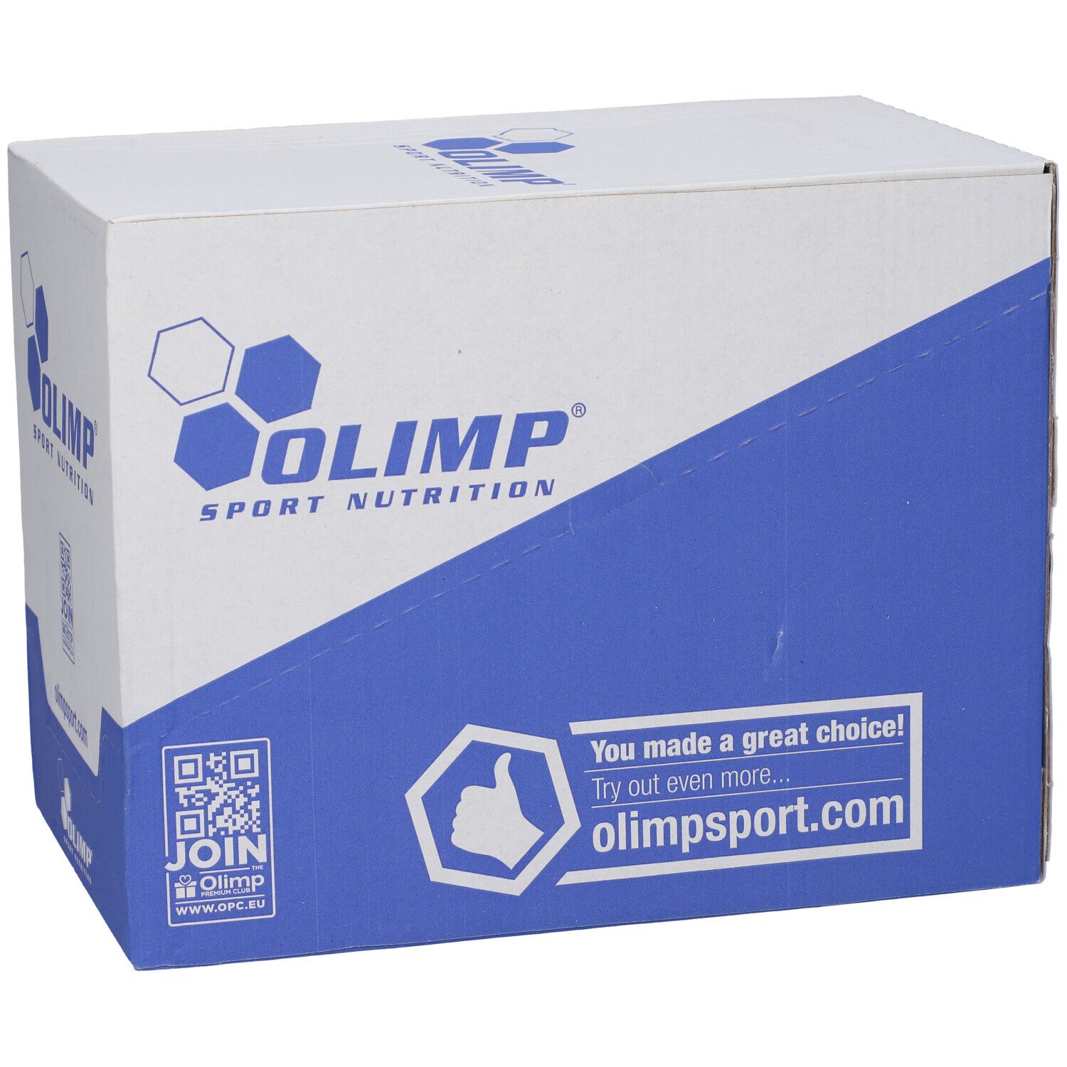 Scatola Olimp Sport Nutrition, vista laterale angolata con design blu e bianco.