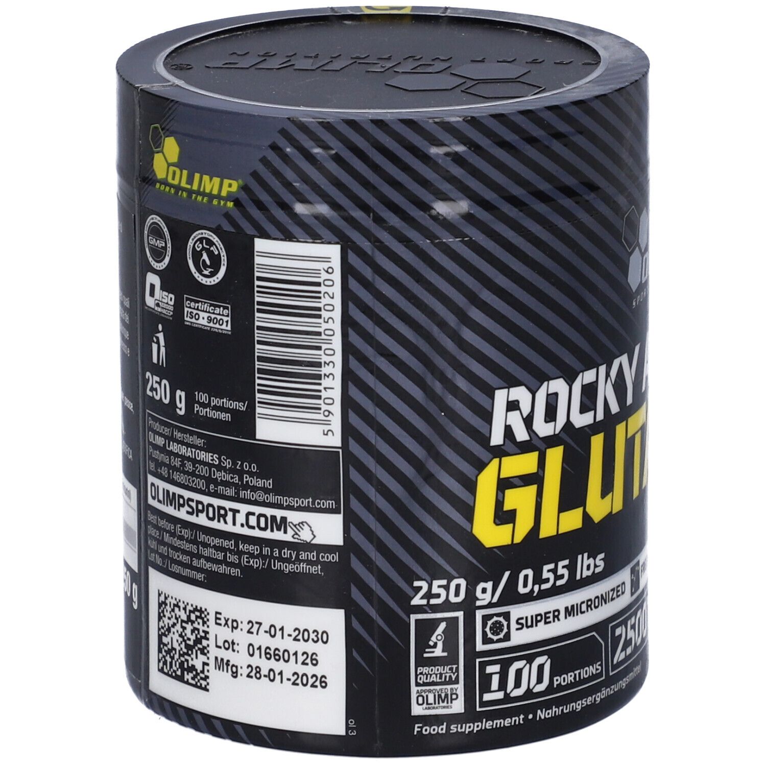 Retro del barattolo Olimp Rocky Athletes Glutamine, 250g. Contiene informazioni nutrizionali e sul prodotto.