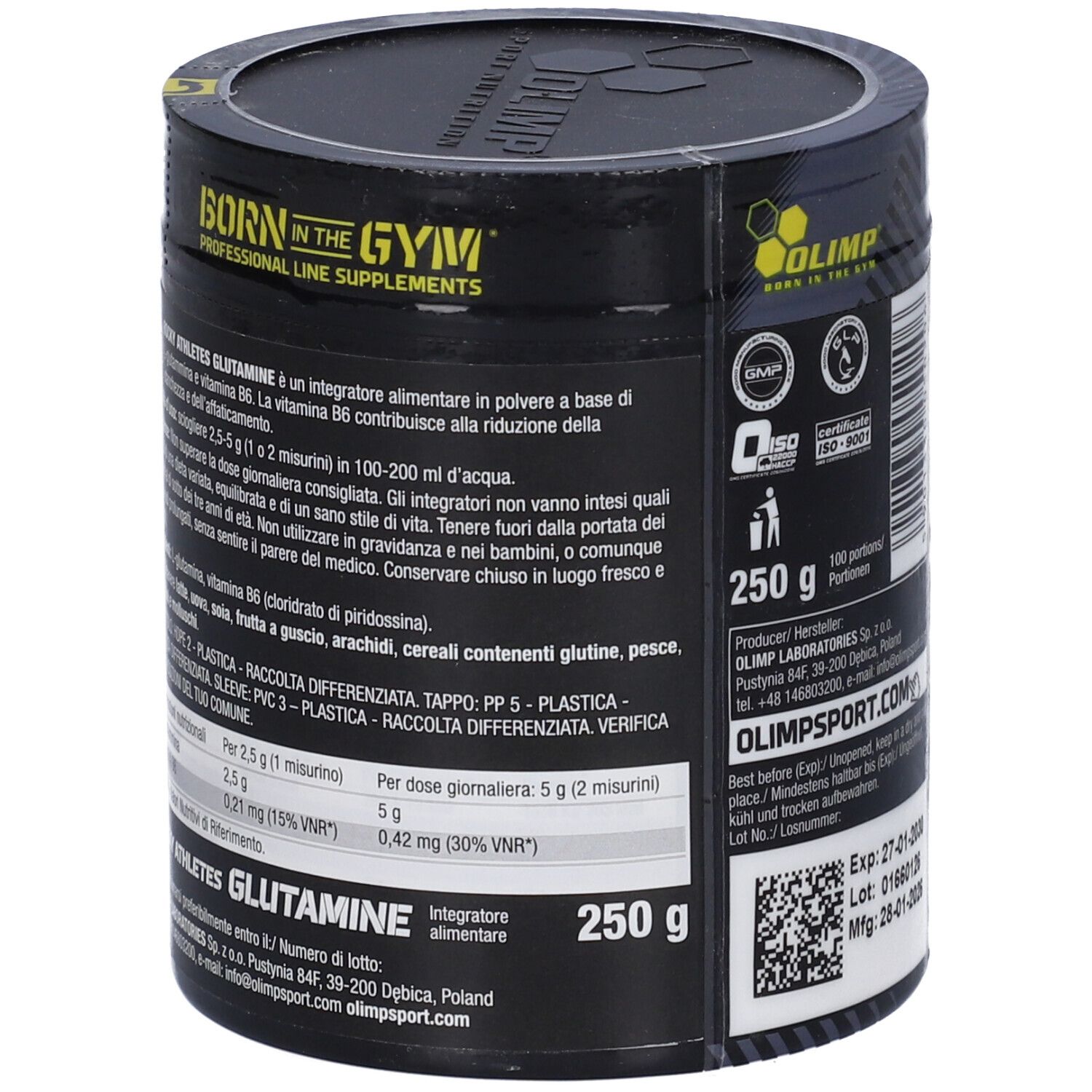 Lato del barattolo Olimp Rocky Athletes Glutamine, 250g. Con informazioni prodotto in italiano e certificazione GMP.
