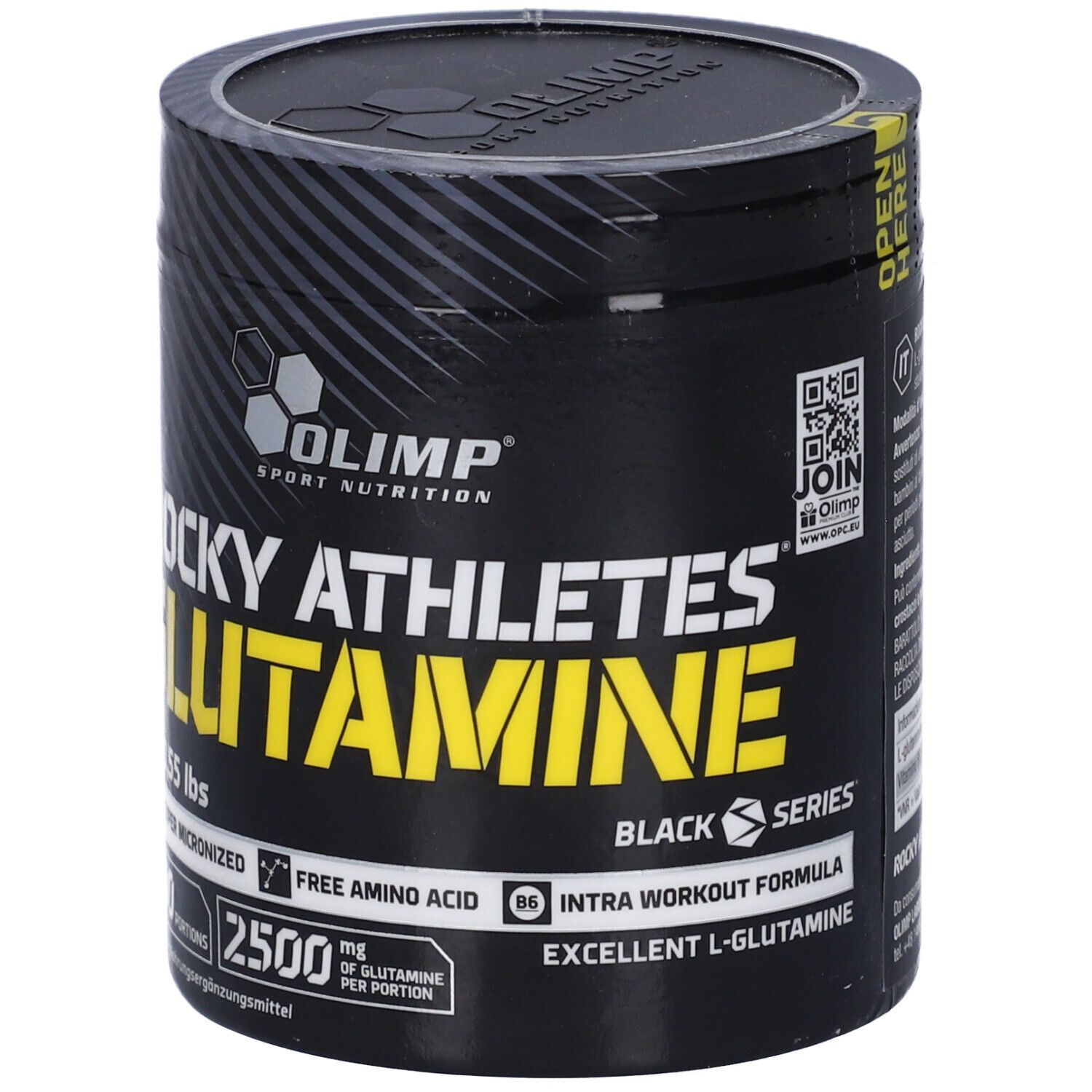 Fronte del barattolo Olimp Rocky Athletes Glutamine, 250g. Adesivo "Open Here" e codice QR.