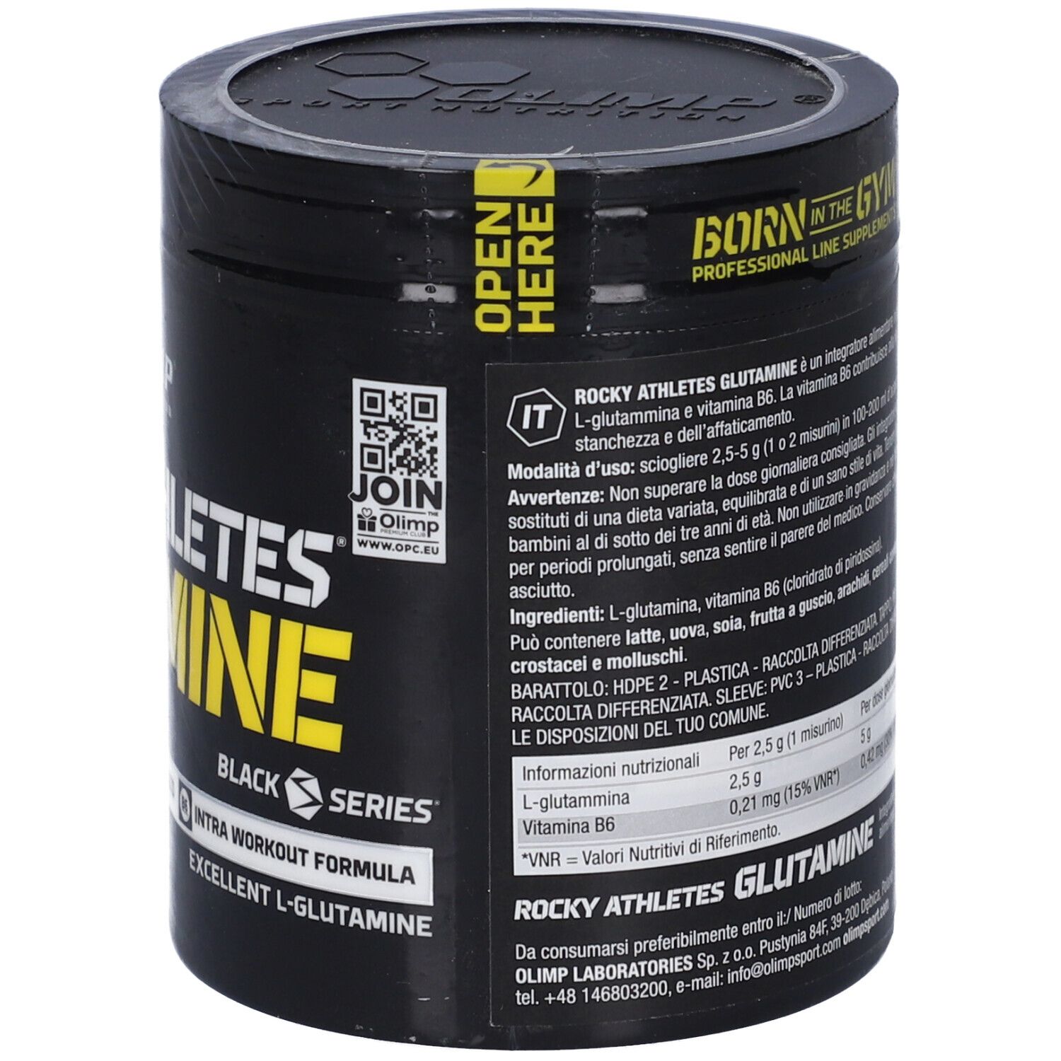 Lato del barattolo Olimp Rocky Athletes Glutamine, 250g. Con informazioni prodotto in italiano e certificazione GMP.