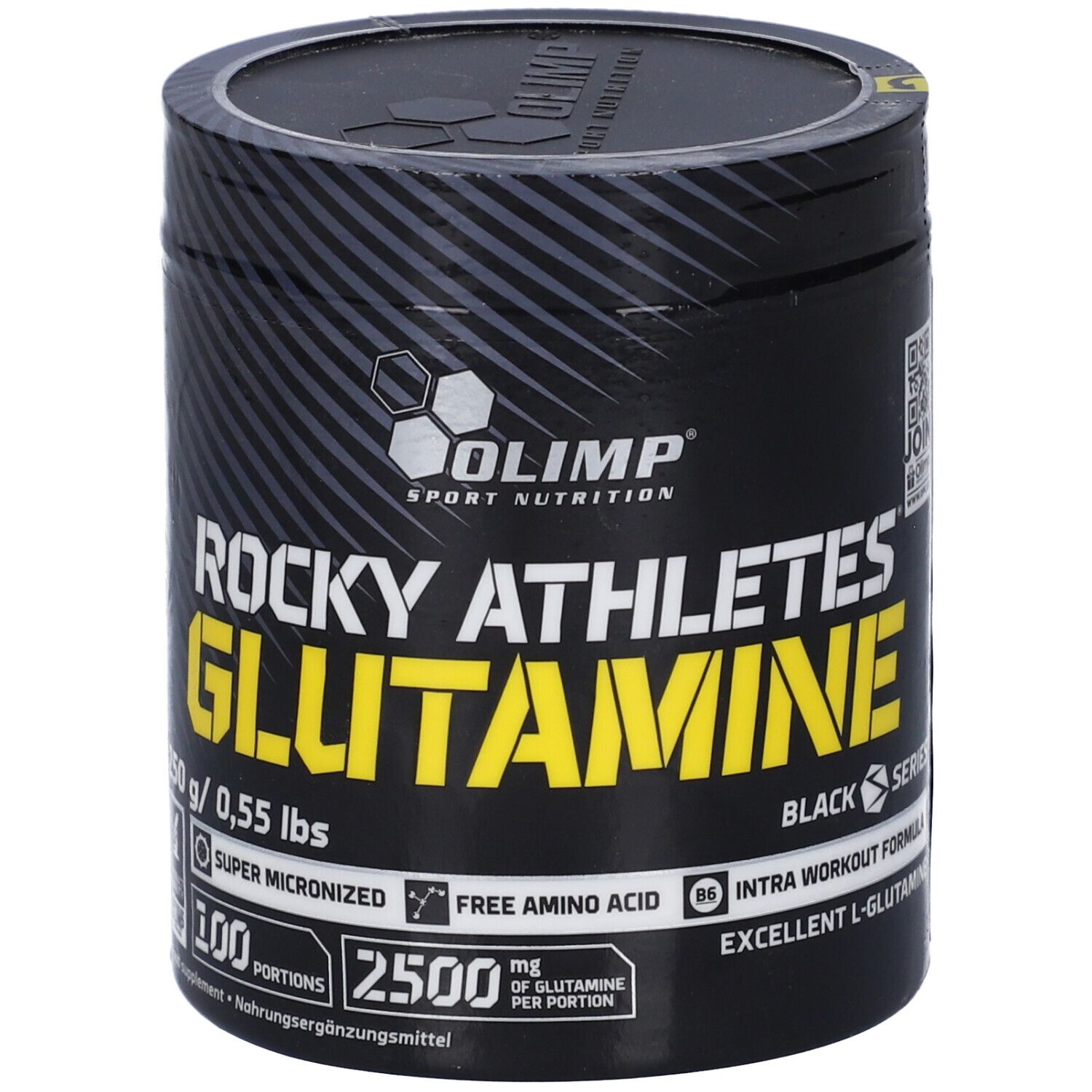 Barattolo Olimp Rocky Athletes Glutamine, 250g. Nero con scritte gialle. Super micronizzato, 100 porzioni.