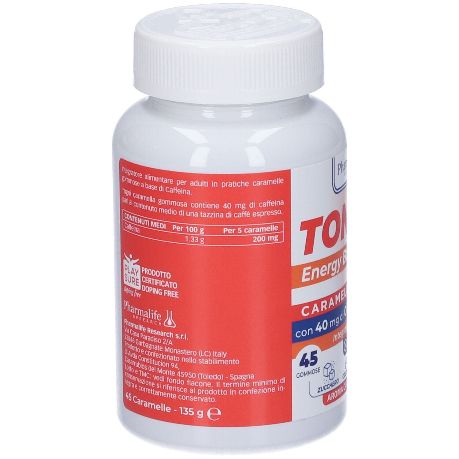 Retro del flacone bianco con etichetta rossa. Informazioni sugli ingredienti e il produttore. 45 caramelle gommose.