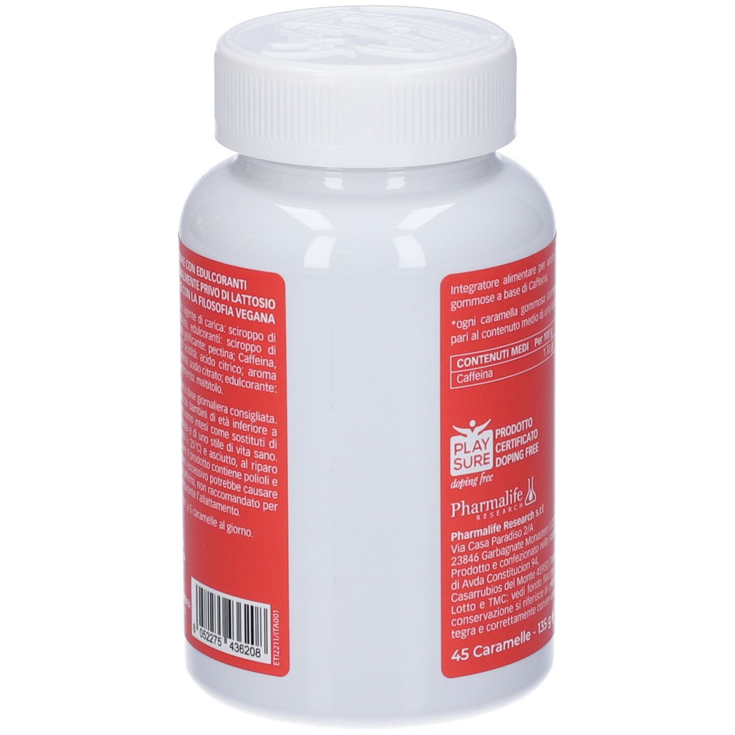 Retro del flacone bianco con etichetta rossa. Informazioni sugli ingredienti e il produttore. 45 caramelle gommose.