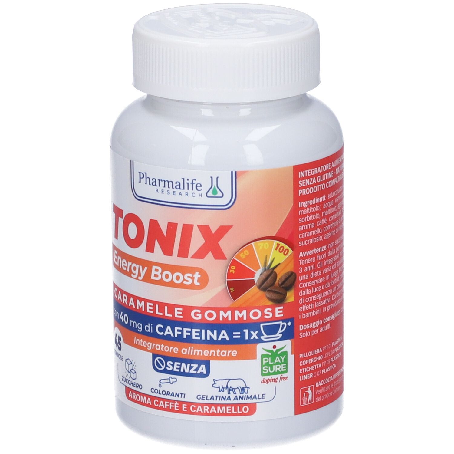 Flacone bianco con etichetta rossa. Scritta: TONIX Energy Boost, caramelle gommose con 40 mg di caffeina. 45 pezzi.