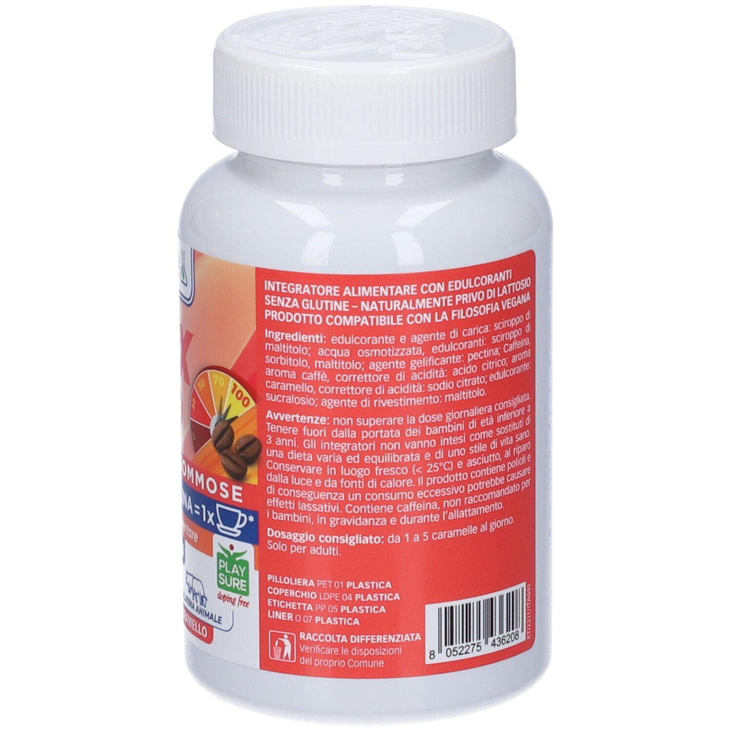 Retro del flacone bianco con etichetta rossa. Informazioni sugli ingredienti e il produttore. 45 caramelle gommose.