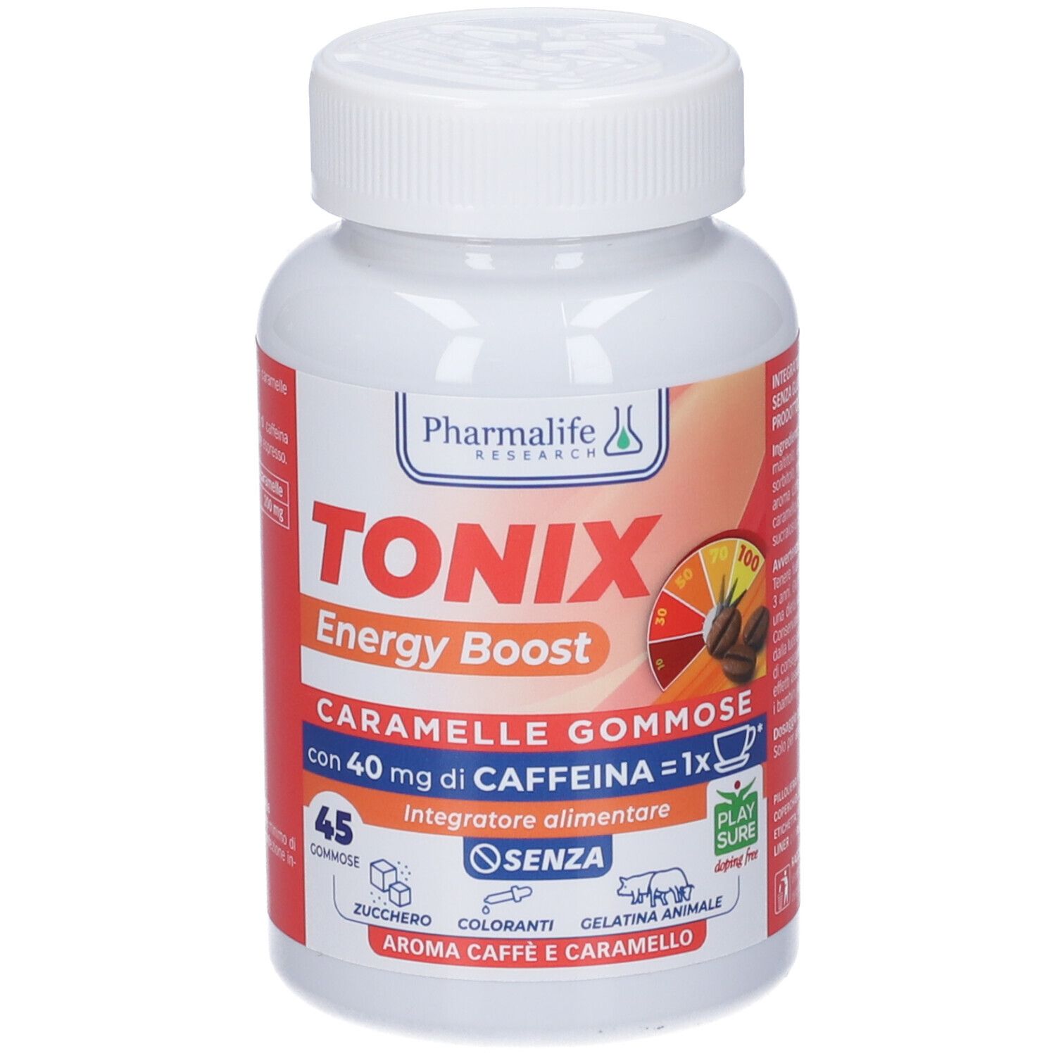 Flacone bianco con etichetta rossa. Scritta: TONIX Energy Boost, caramelle gommose con 40 mg di caffeina. 45 pezzi.