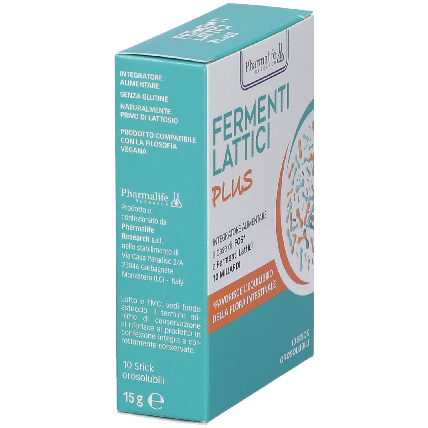 Scatola FERMENTI LATTICI PLUS. Senza glutine, senza lattosio, vegano. Marchio: Pharmalife Research. 10 stick orosolubili.