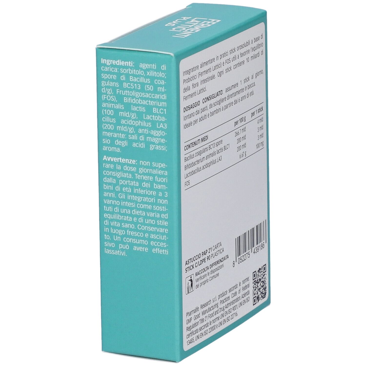 Vista laterale scatola FERMENTI LATTICI PLUS. Testo: ingredienti, avvertenze, informazioni produttore. 10 stick.