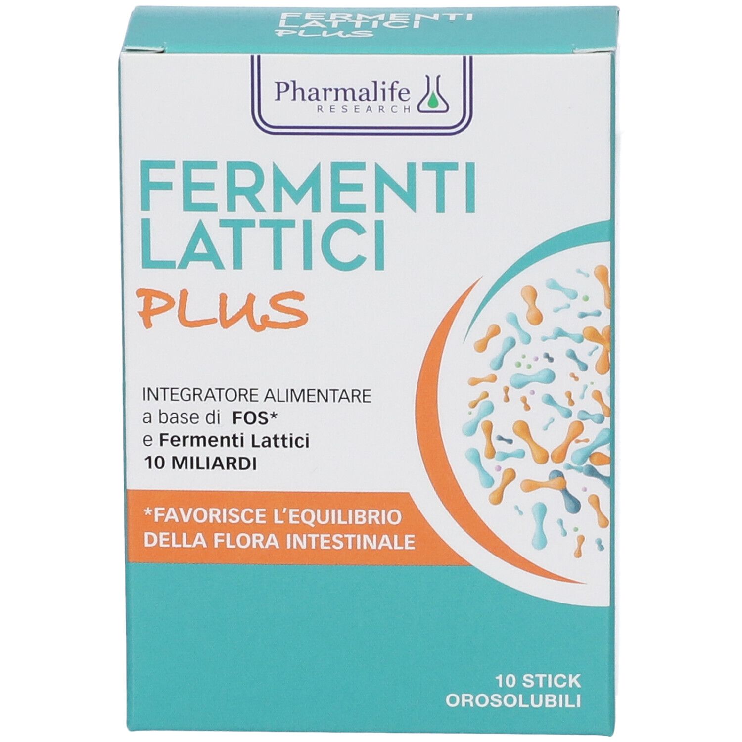 Scatola FERMENTI LATTICI PLUS. 10 stick orosolubili. Marchio: Pharmalife Research. Illustrazione batteri.