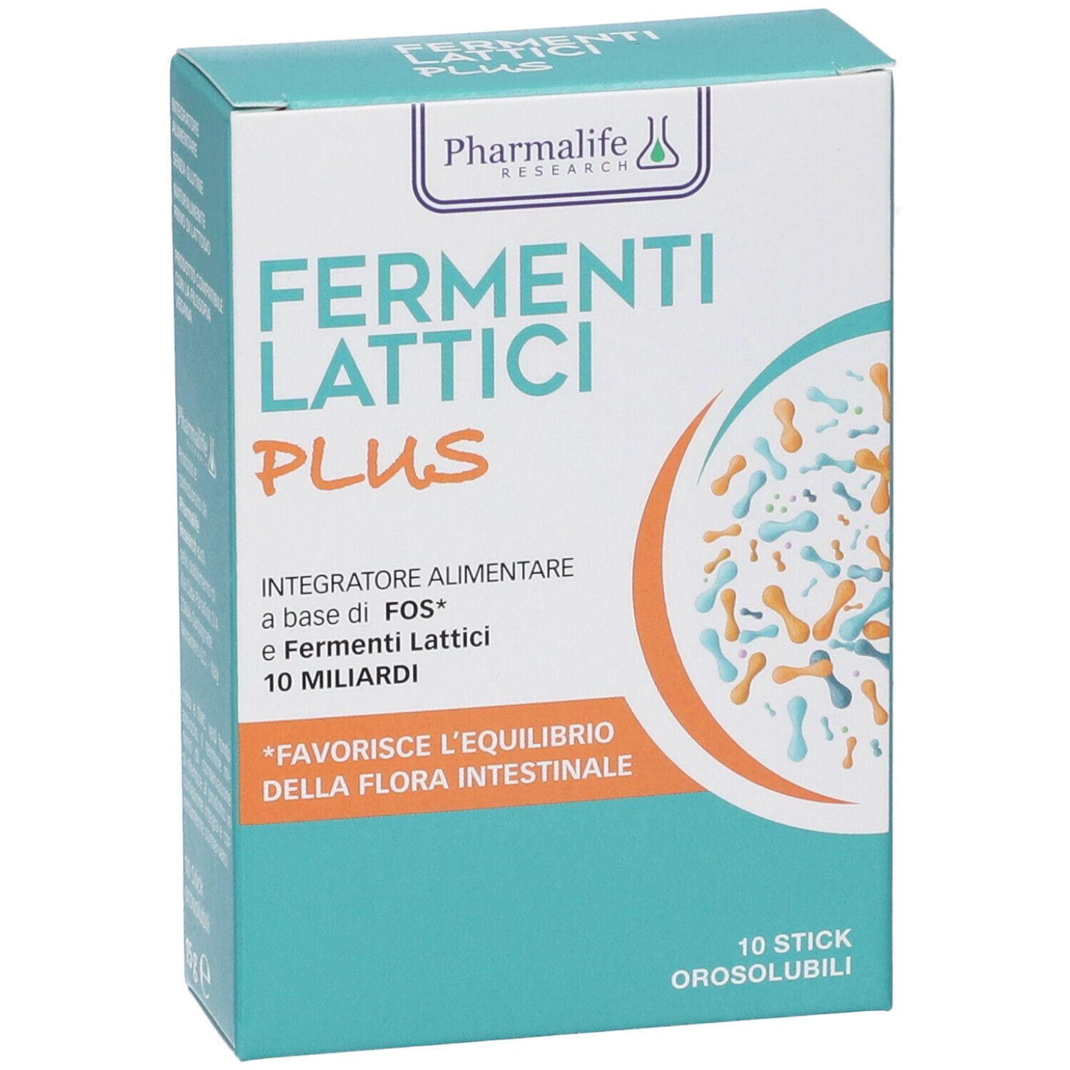 Scatola FERMENTI LATTICI PLUS. 10 stick orosolubili. Marchio: Pharmalife Research. Vista del prodotto.