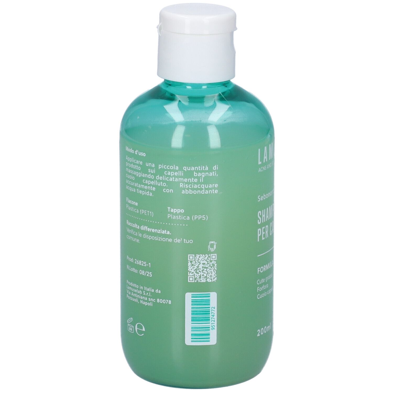 Retro del flacone verde con tappo bianco. Testo e codice a barre.