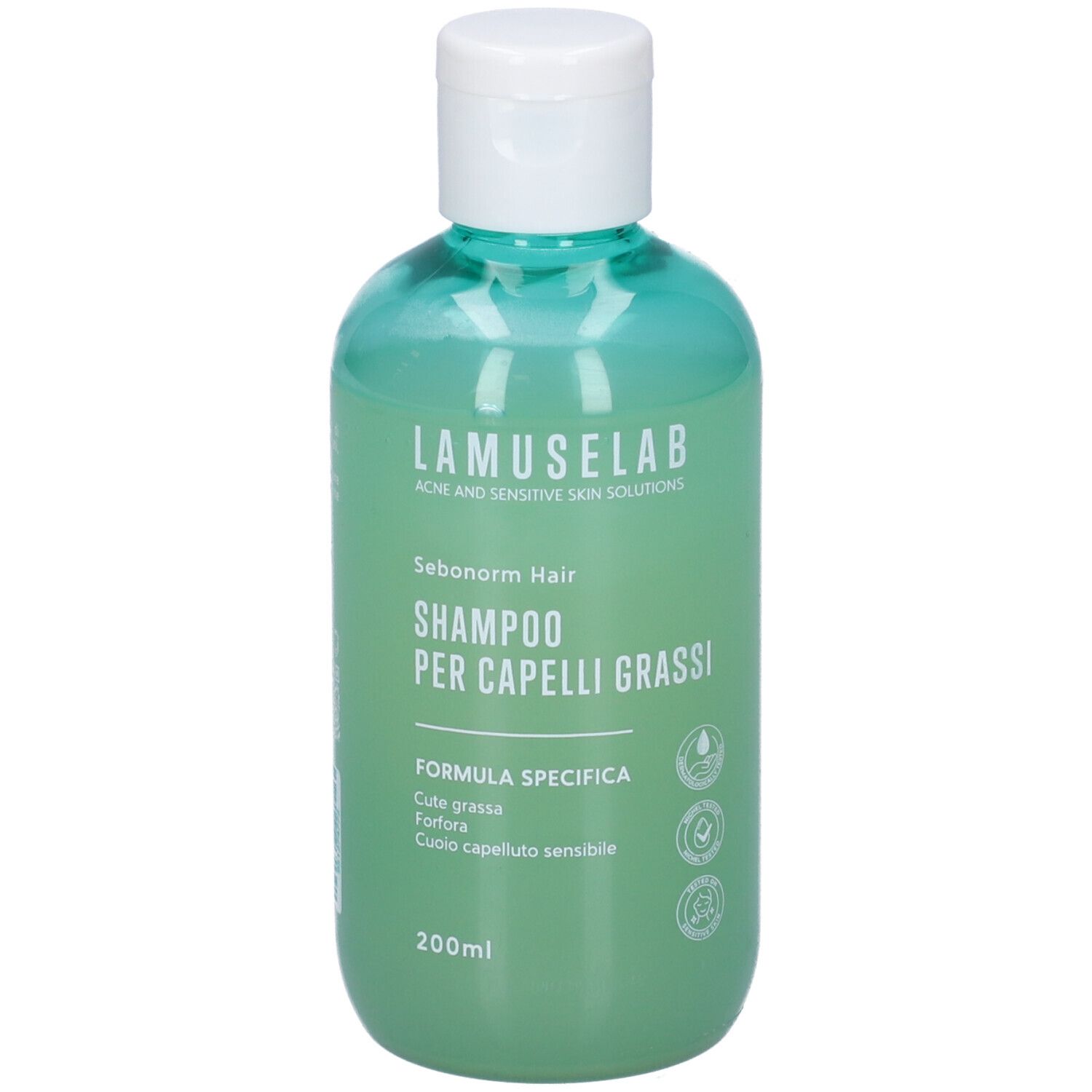 Flacone verde con tappo bianco. Scritta: LAMUSELAB, Shampoo PER CAPELLI GRASSI. 200ml.