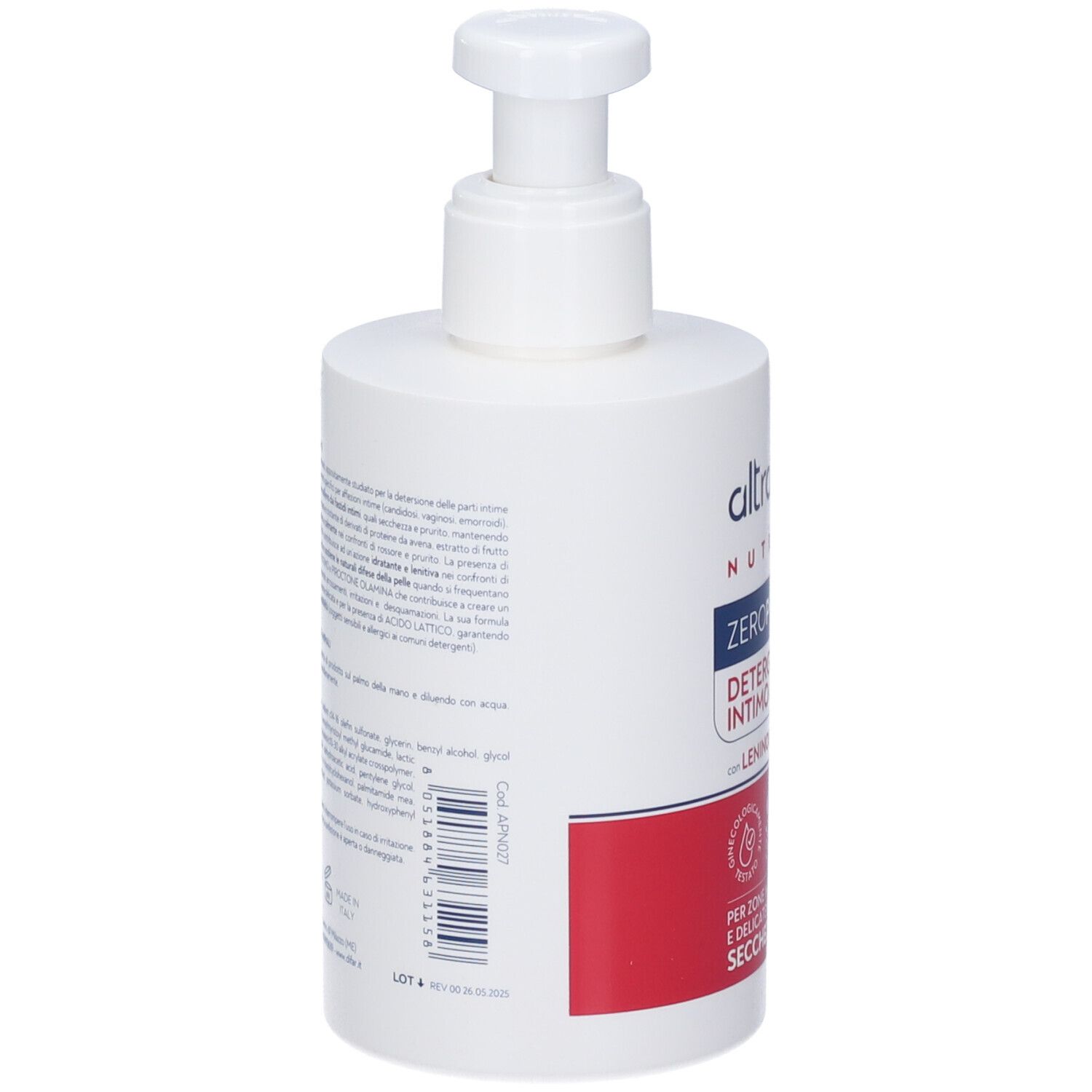 Flacone bianco con dispenser. Testo sul retro. Nome prodotto: ALTRAPELLE NUTRISKO ZEROPRURITO DETERGENTE INTIMO LENITIVO.
