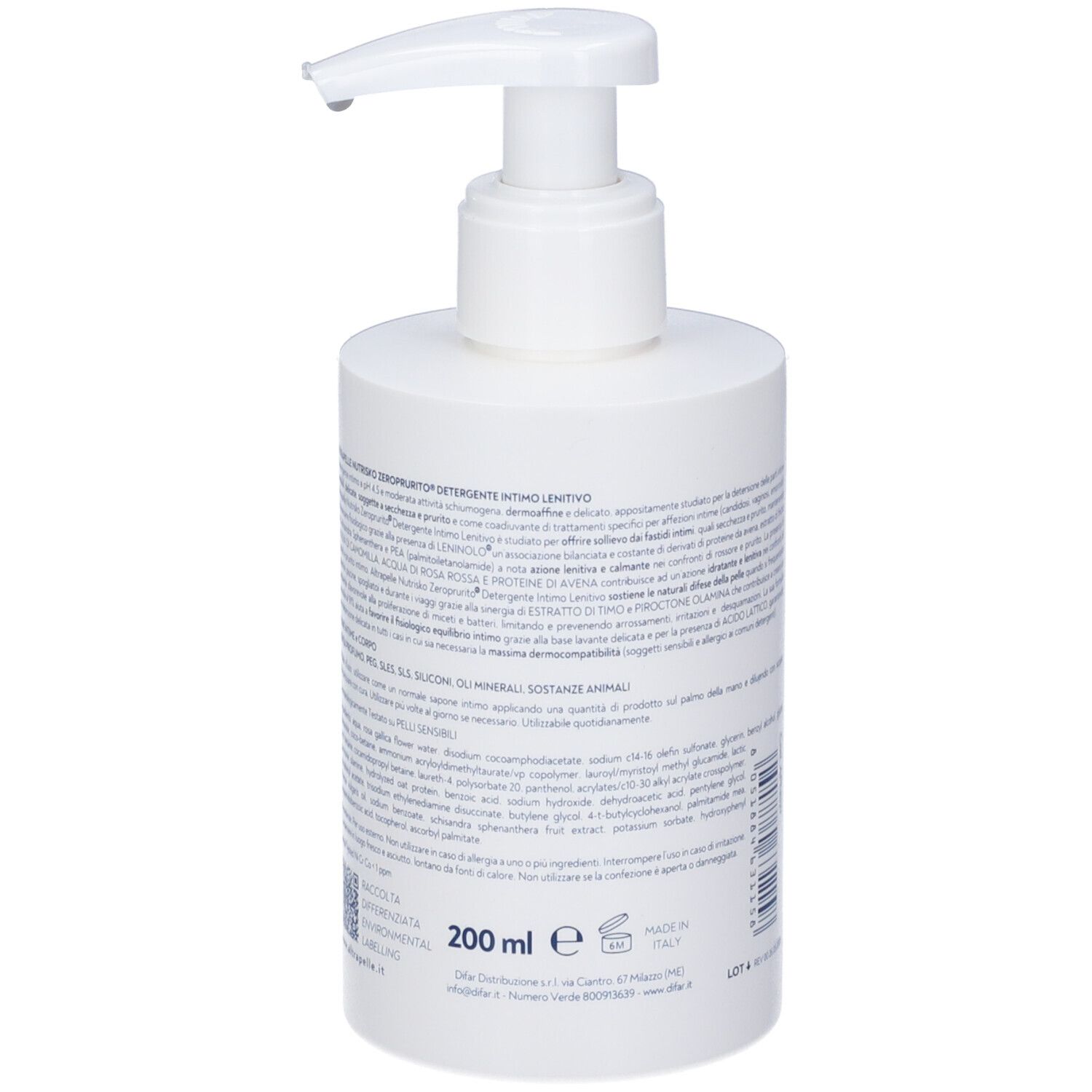 Flacone bianco con dispenser. Testo sul retro. Volume: 200 ml. Nome prodotto: ALTRAPELLE NUTRISKO ZEROPRURITO DETERGENTE INTIMO LENITIVO.