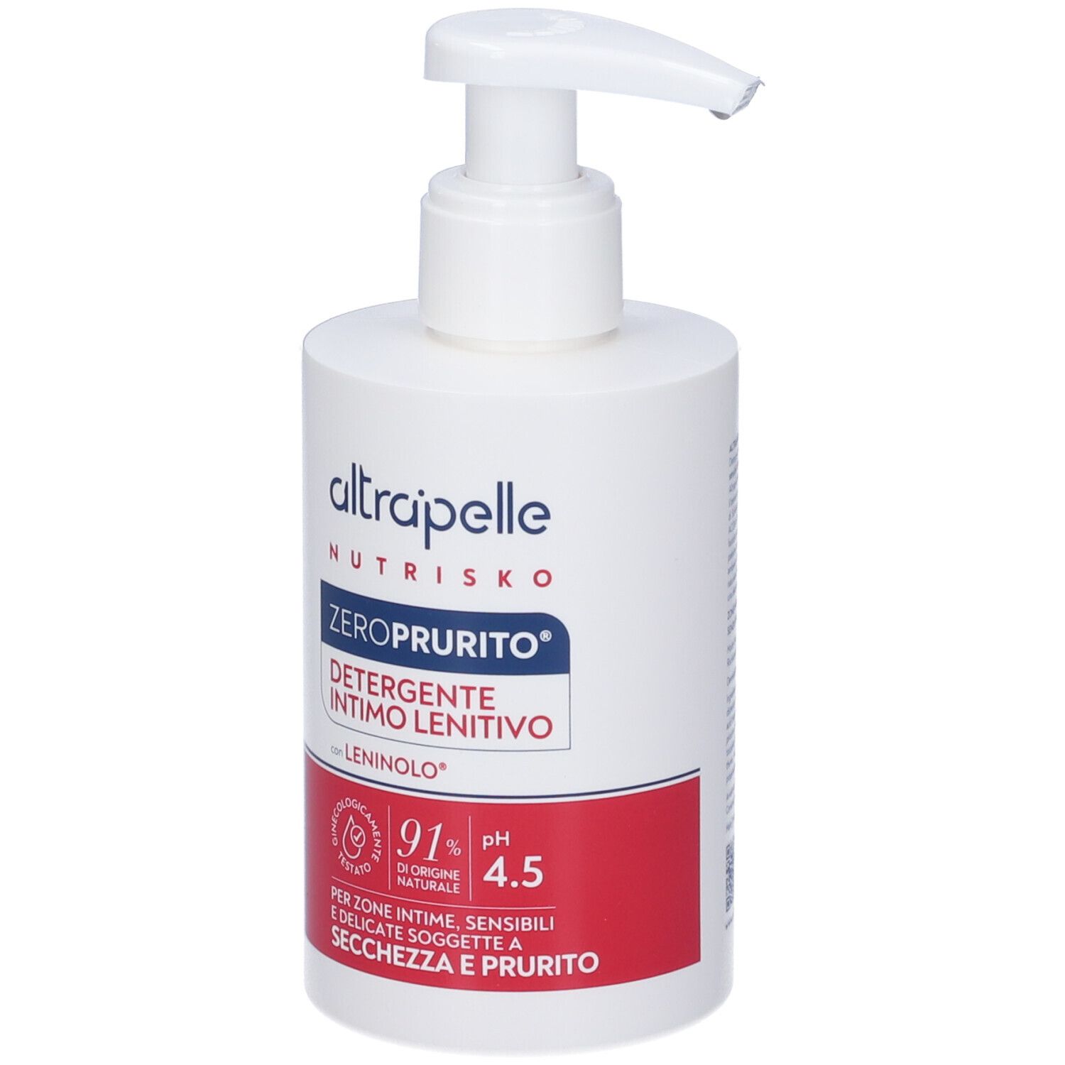 Flacone bianco con dispenser. Striscia rossa con testo. Nome prodotto: ALTRAPELLE NUTRISKO ZEROPRURITO DETERGENTE INTIMO LENITIVO.