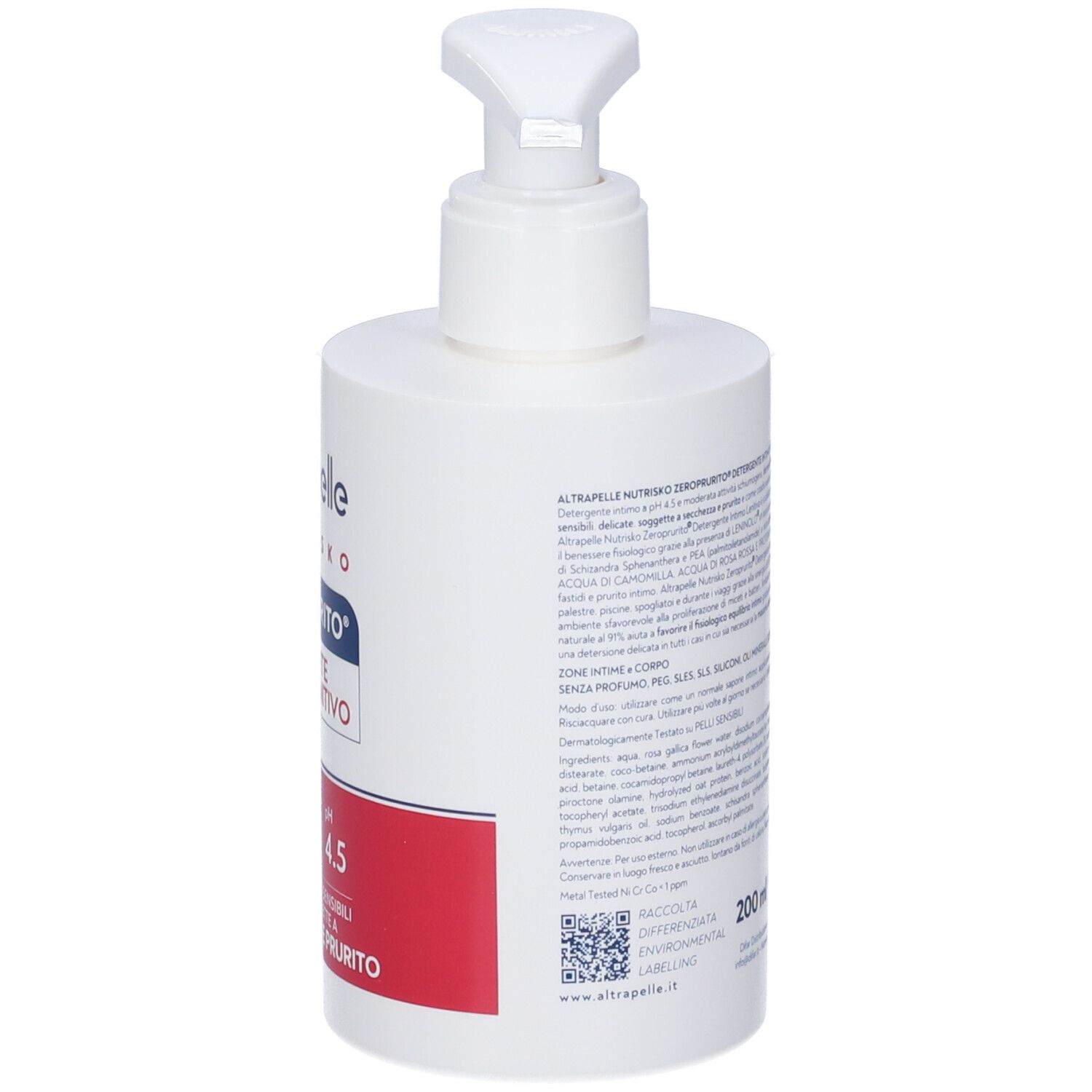 Flacone bianco con dispenser. Testo sul retro. Volume: 200 ml. Nome prodotto: ALTRAPELLE NUTRISKO ZEROPRURITO DETERGENTE INTIMO LENITIVO.