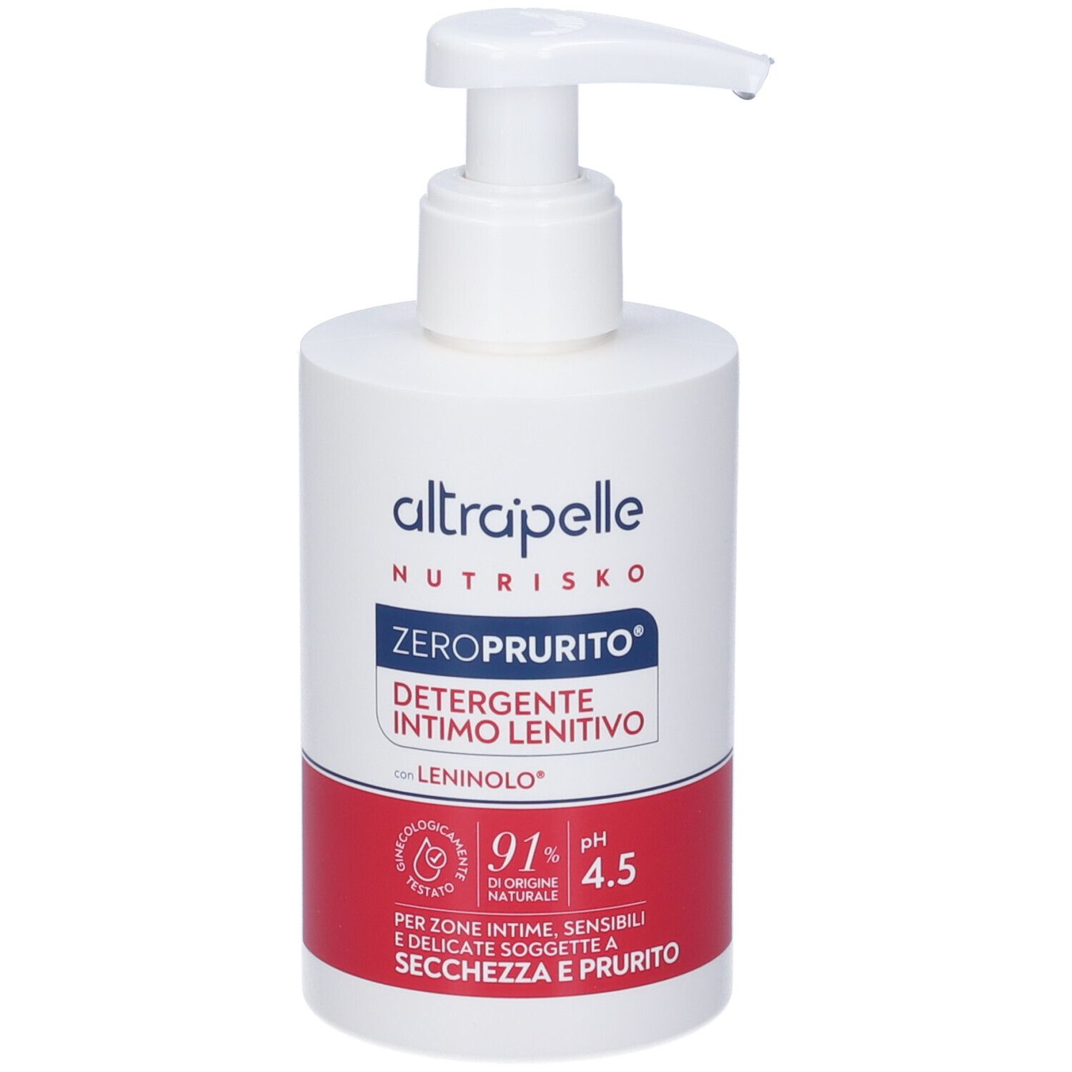 Flacone bianco con dispenser. Striscia rossa con testo. Nome prodotto: ALTRAPELLE NUTRISKO ZEROPRURITO DETERGENTE INTIMO LENITIVO.
