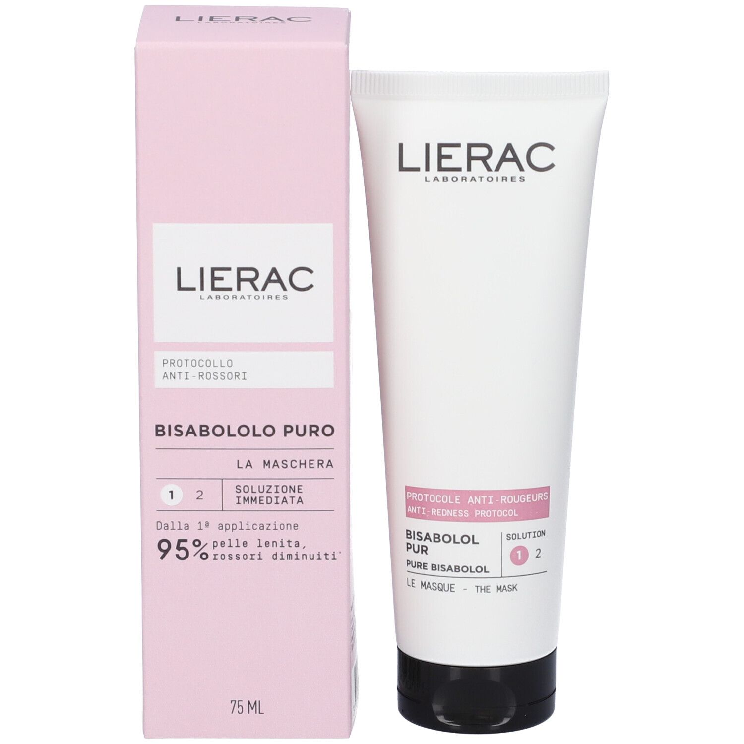 Confezione e tubo. Scatola rosa con scritte bianche. Tubo: bianco con tappo nero. Logo LIERAC.