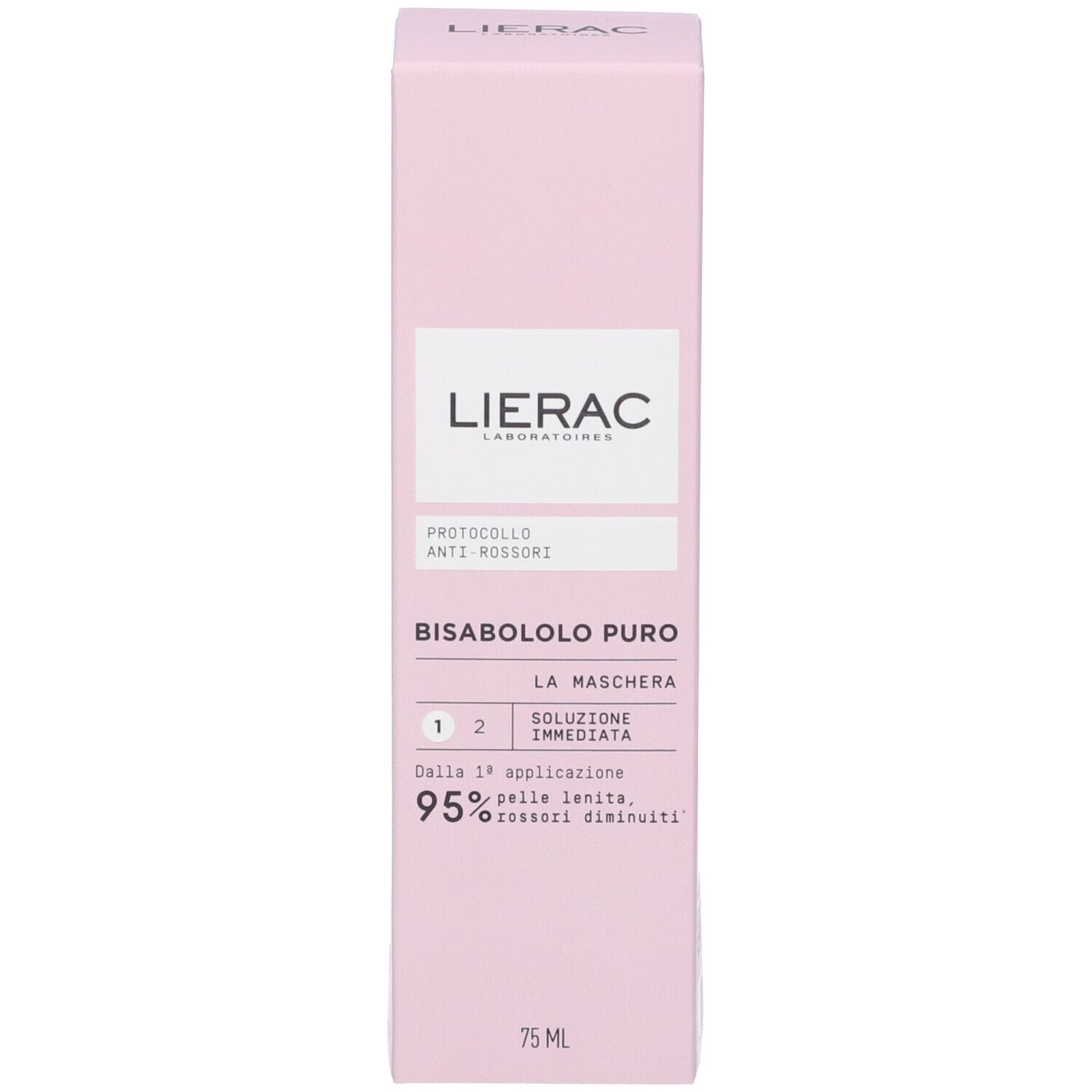 Confezione rosa con scritte bianche. Logo LIERAC. Nome e descrizione del prodotto. 75 ml.