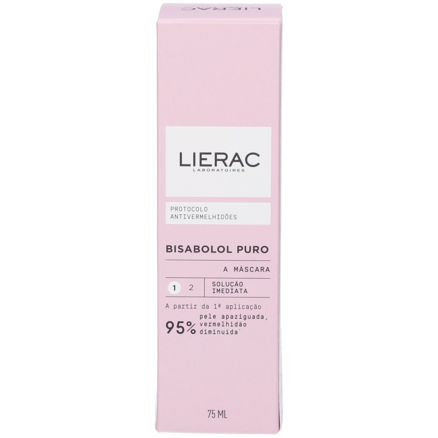 Confezione rosa con scritte bianche. Logo LIERAC. Nome e descrizione del prodotto. 75 ml.