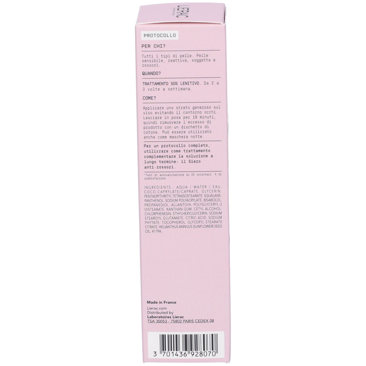 Confezione rosa, testo multilingue. Informazioni sull'uso e sugli ingredienti. Logo LIERAC.