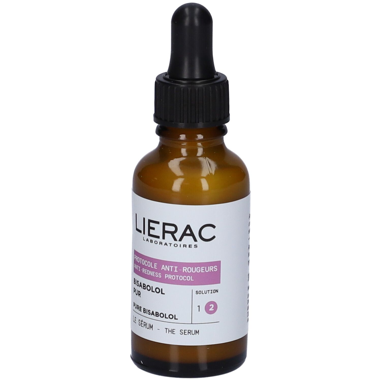 Flacone di vetro marrone con contagocce nero. Etichetta bianca e testo viola. Marca: Lierac. Prodotto: Siero anti-rossori.