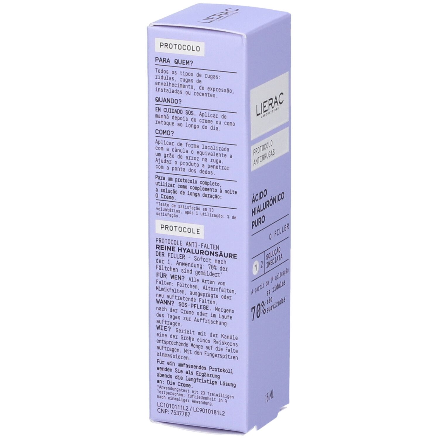 Confezione Lierac viola. Testo: Protocolo Anti-Rughe, Acido Ialuronico, 15 ml. Informazioni sull'uso e sugli ingredienti.