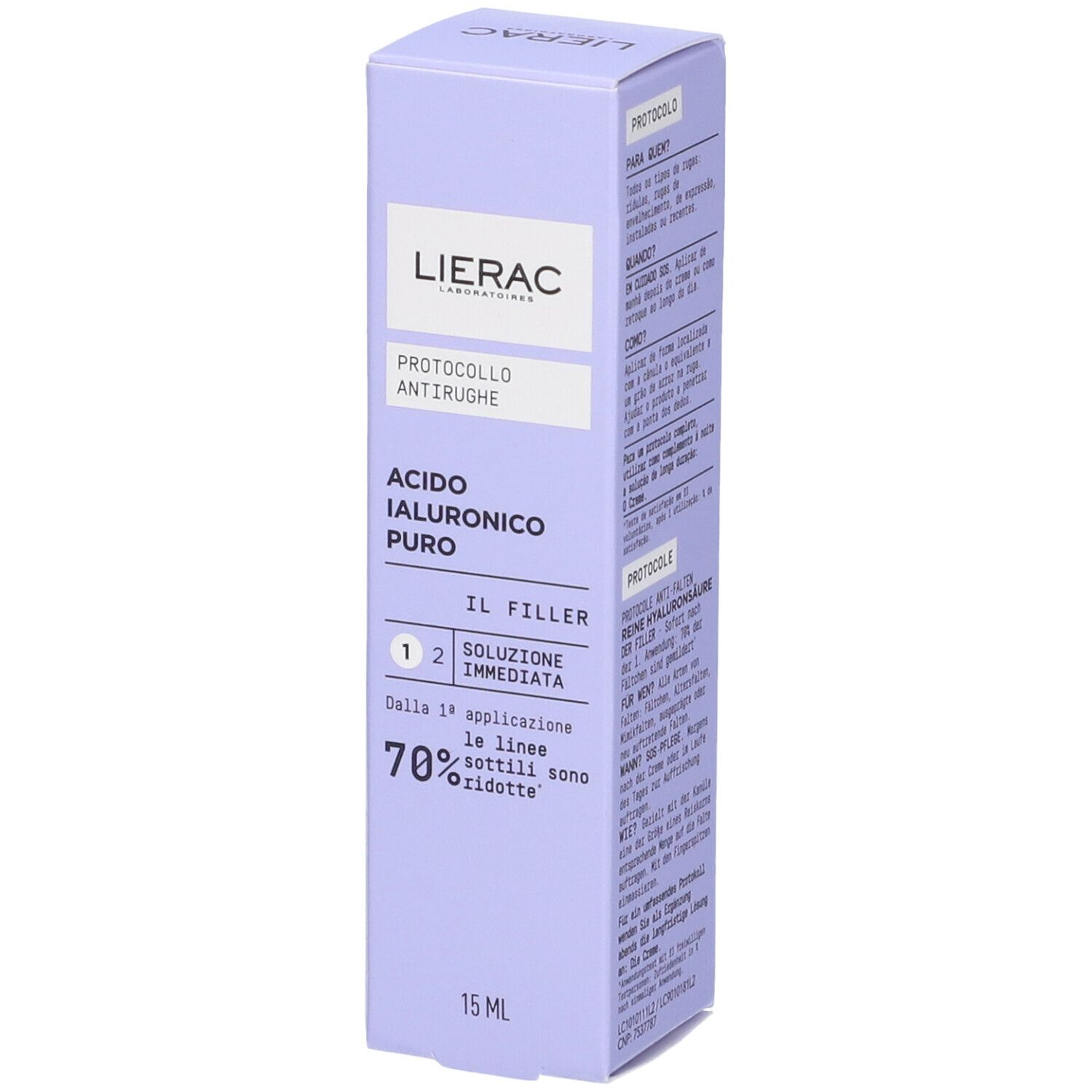 Confezione Lierac viola. Testo: Protocolo Anti-Rughe, Ácido Hialurónico Puro, 15 ml. Il 70% delle linee sottili sono ridotte.