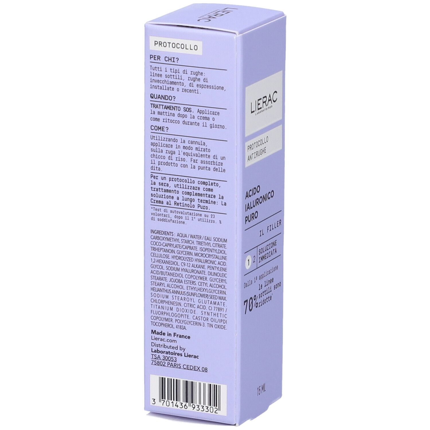 Confezione Lierac viola. Testo: Protocolo Anti-Rughe, Ácido Hialurónico Puro, 15 ml. Informazioni sull'uso e sugli ingredienti.