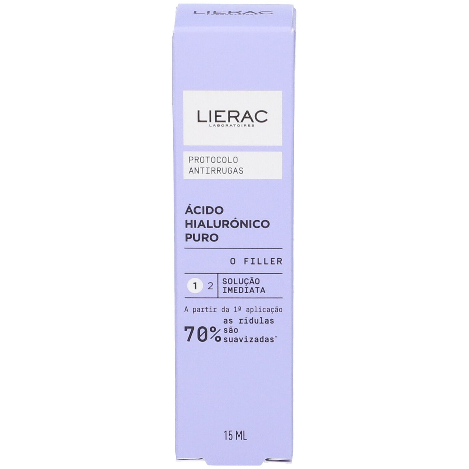 Confezione Lierac viola. Testo: Protocolo Anti-Rugas, Ácido Hialurónico Puro, 15 ml. Il 70% delle rughe sono levigate.