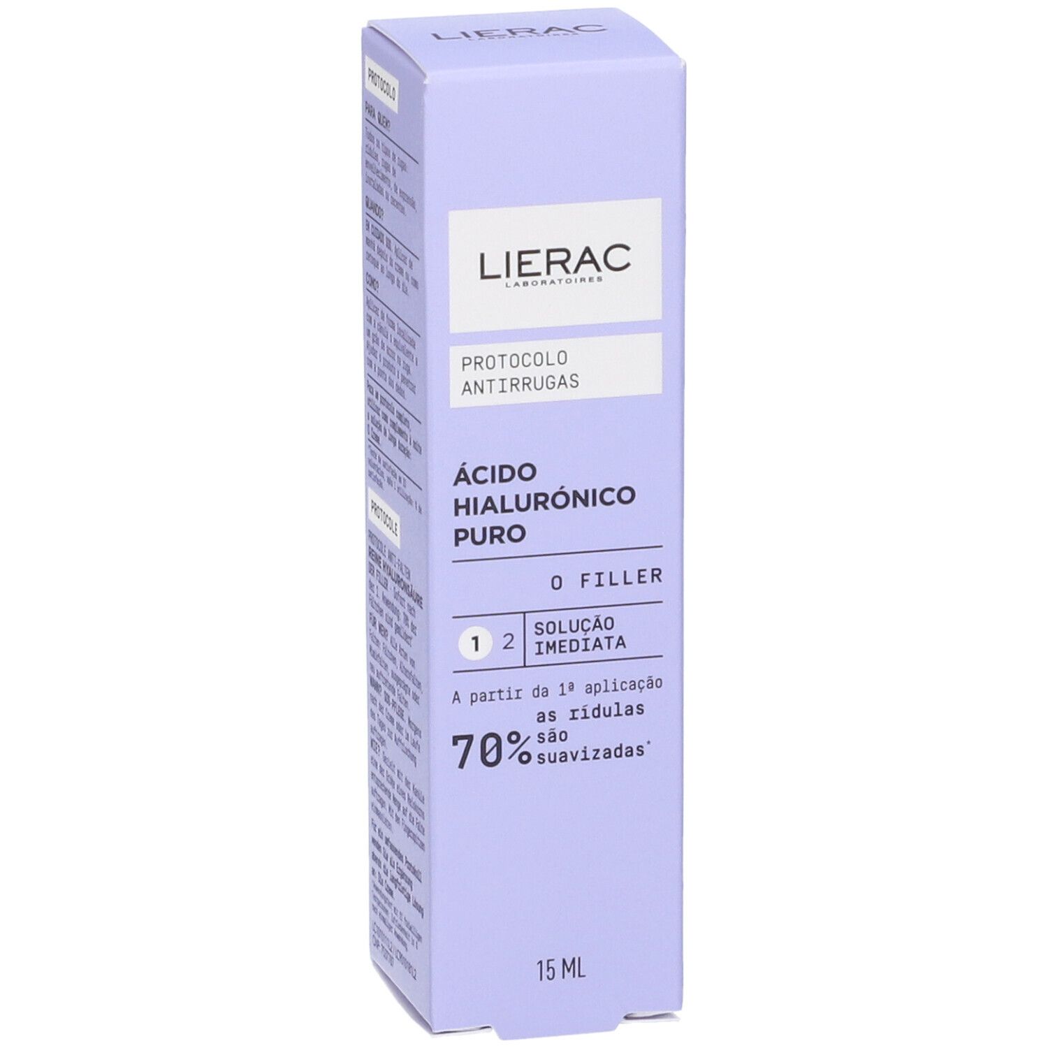 Confezione Lierac viola. Testo: Protocolo Anti-Rugas, Ácido Hialurónico Puro, 15 ml. Il 70% delle rughe sono levigate.