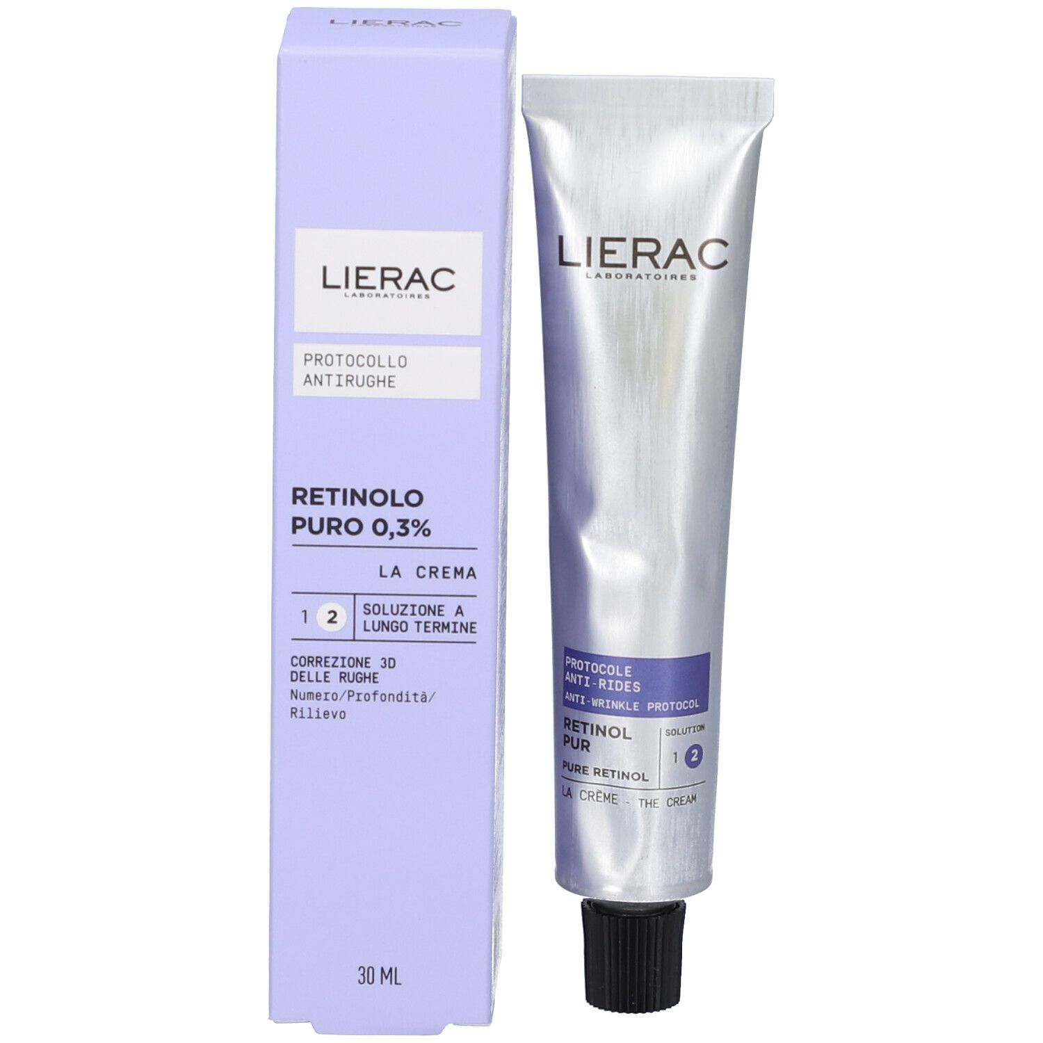 Prodotto e confezione. Tubo e scatola. Scritte: LIERAC, RETINOLO PURO 0,3%, LA CREMA.