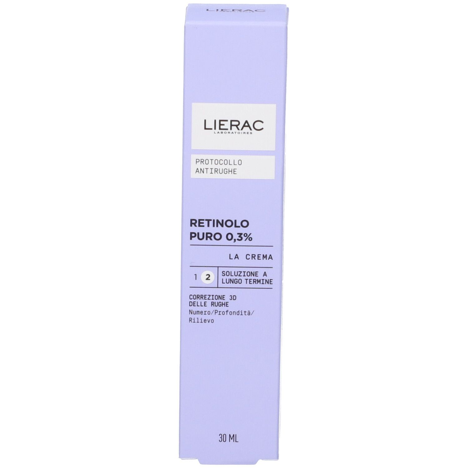 Scatola viola. Scritte: LIERAC, PROTOCOLO ANTIRUGHE, RETINOLO PURO 0,3%, LA CREMA.